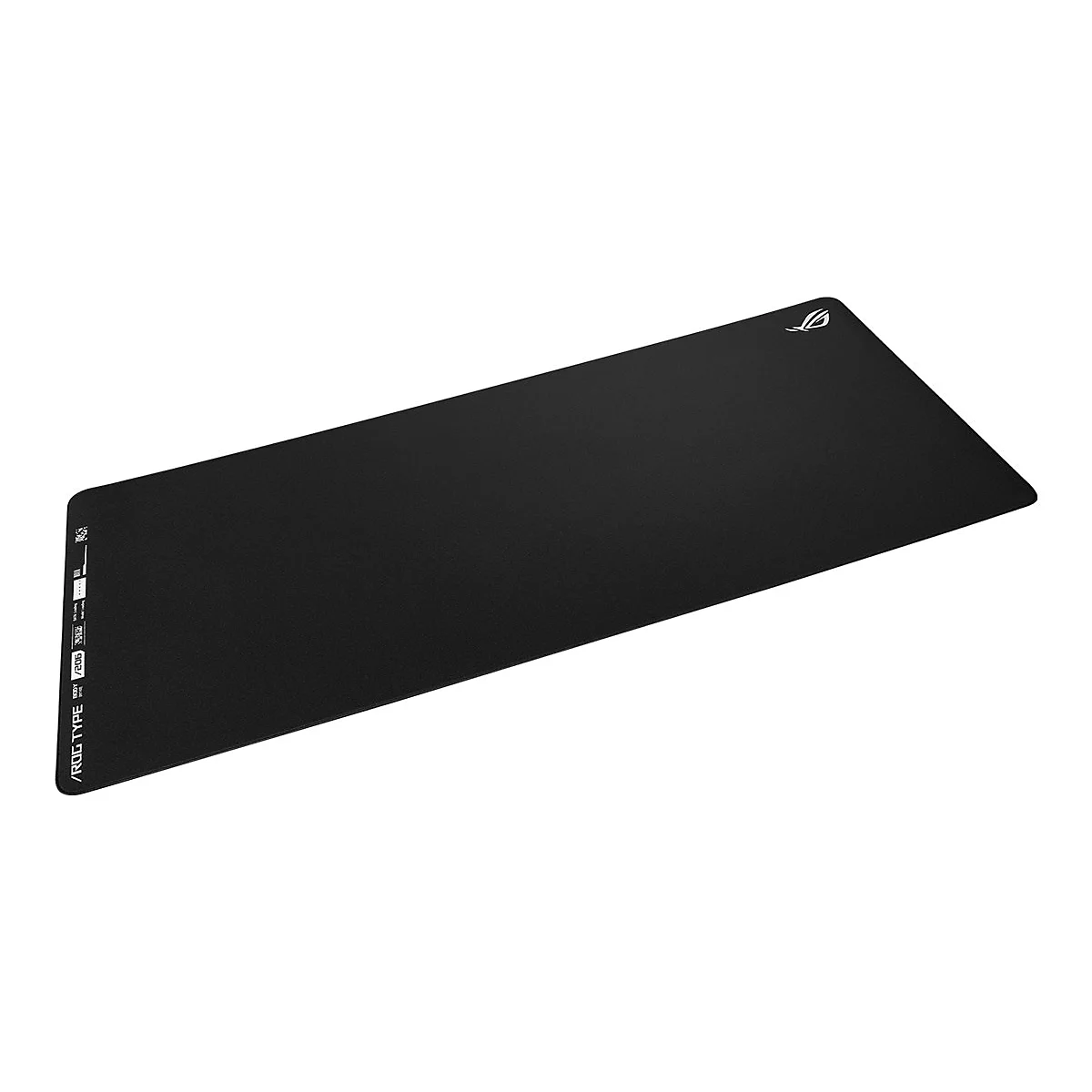 Schwarzes ASUS ROG Mauspad mit weißem Logo und Text auf der linken Seite vor weißem Hintergrund.