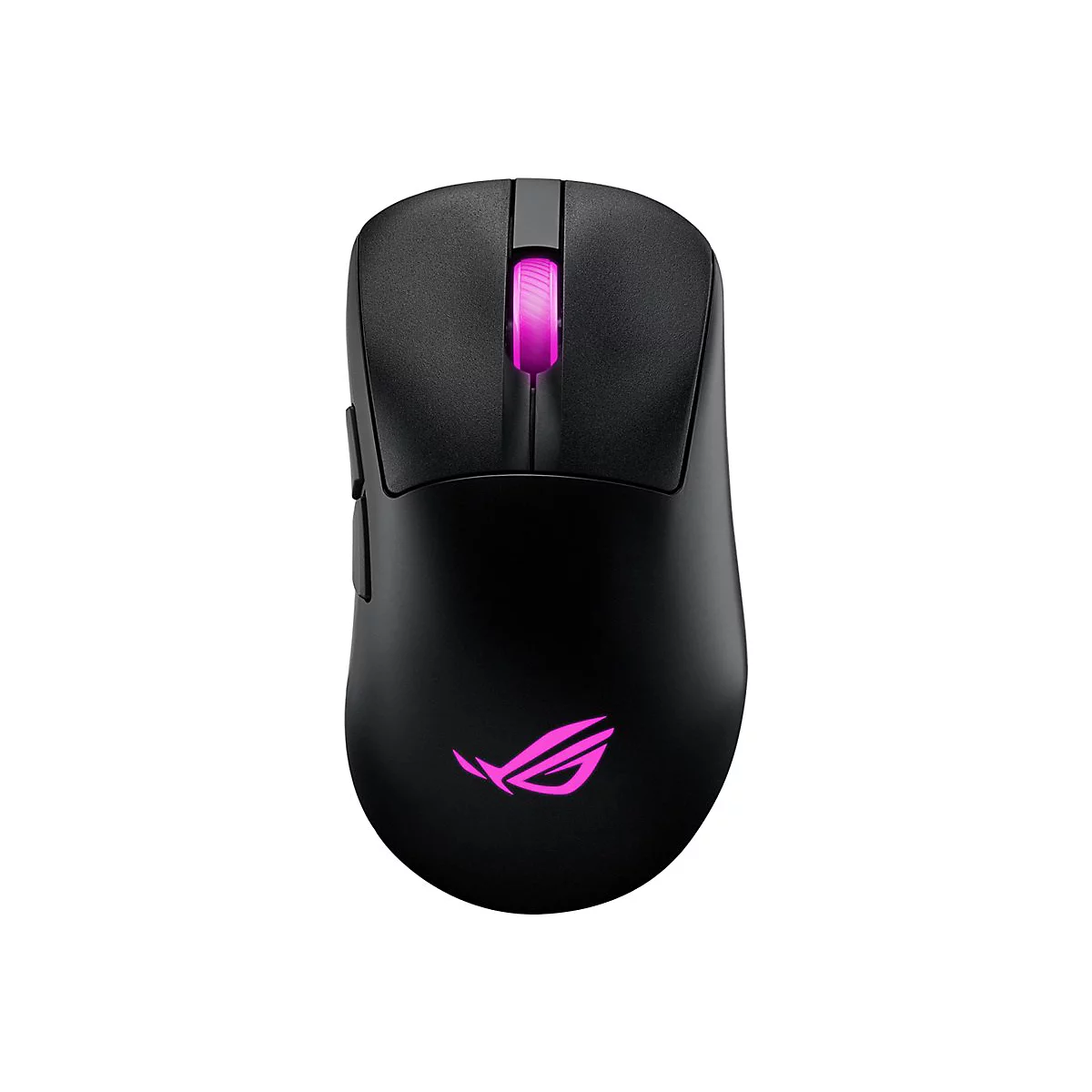 Schwarze Gaming-Maus mit pinkfarbener Beleuchtung und ROG-Logo. Auf weißem Hintergrund.