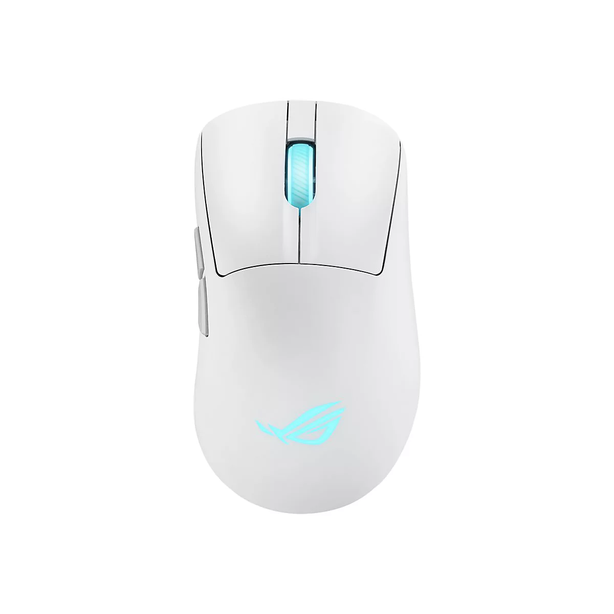 Weiße Gaming-Maus mit blau beleuchtetem Scrollrad und Logo. Auf weißem Hintergrund.