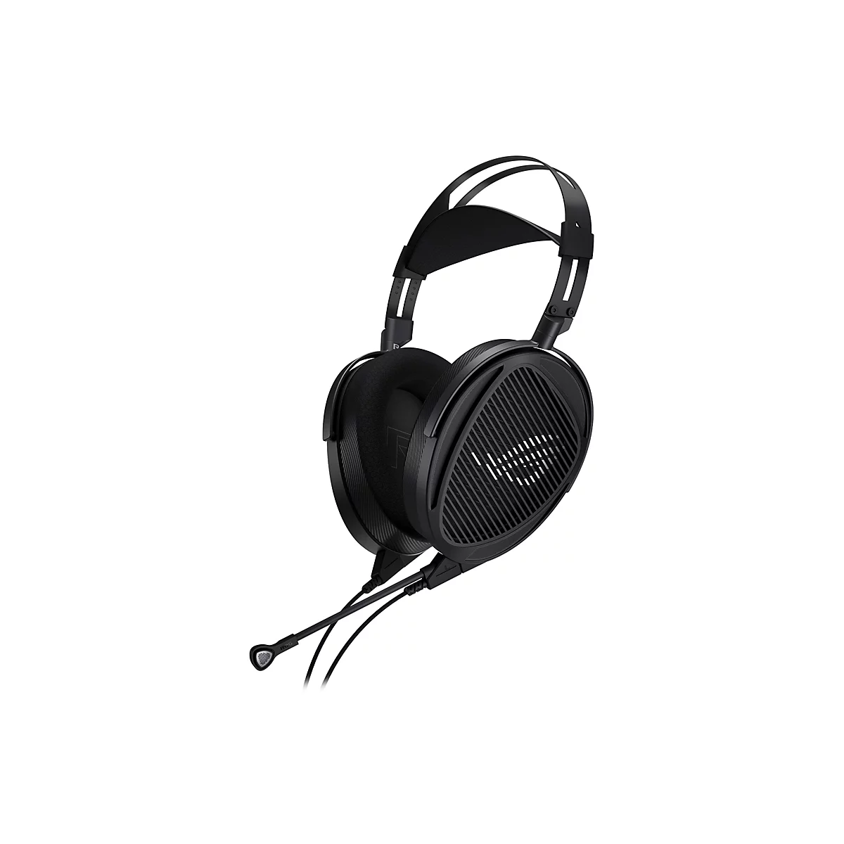 Schwarzes ROG Gaming-Headset mit offenem Design, Bügelmikrofon und beleuchtetem Logo auf der Ohrmuschel.
