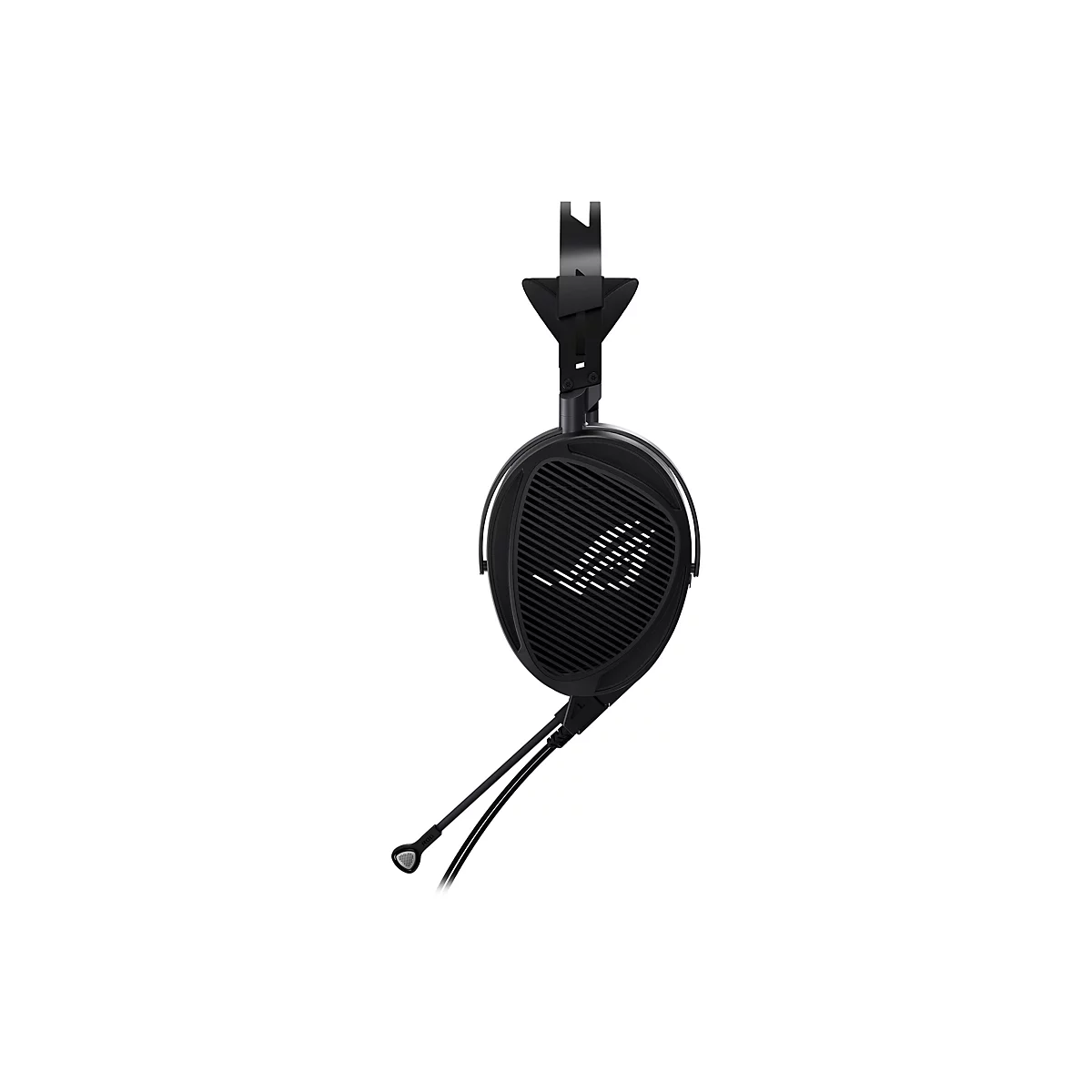 Schwarzes ROG Gaming-Headset in Seitenansicht vor weißem Hintergrund mit markantem Gitter-Design.