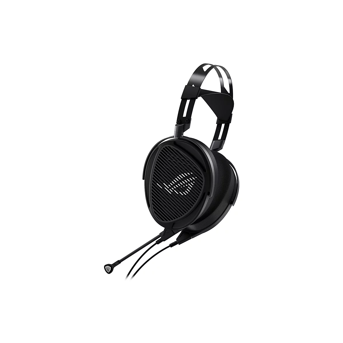 Schwarzes ROG Gaming-Headset mit offener Ohrmuschel-Struktur und abnehmbarem Mikrofon vor weißem Hintergrund.