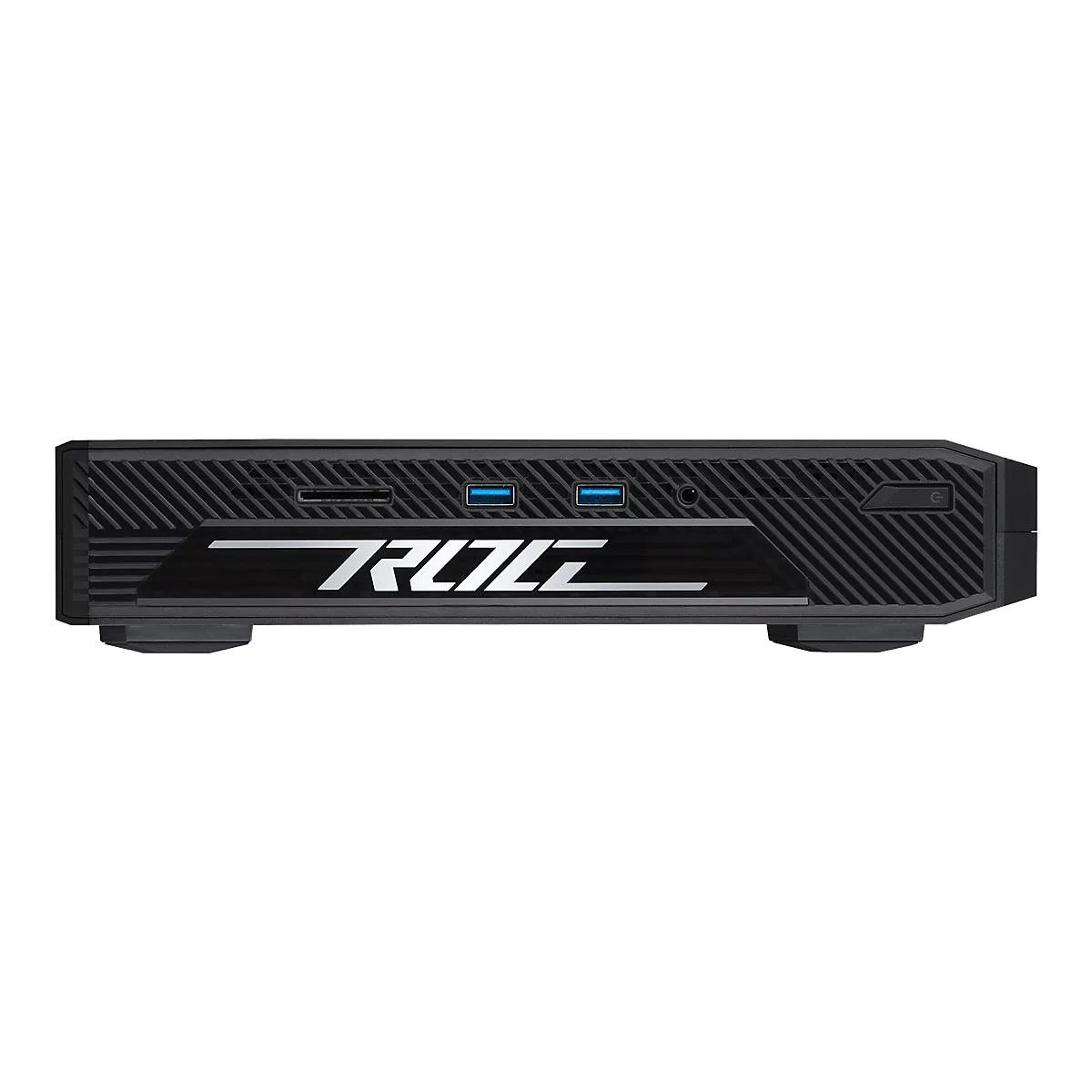 Schwarzer PC mit weißem Logo 'ROG', Frontansicht. USB-Anschlüsse und Power-Knopf.