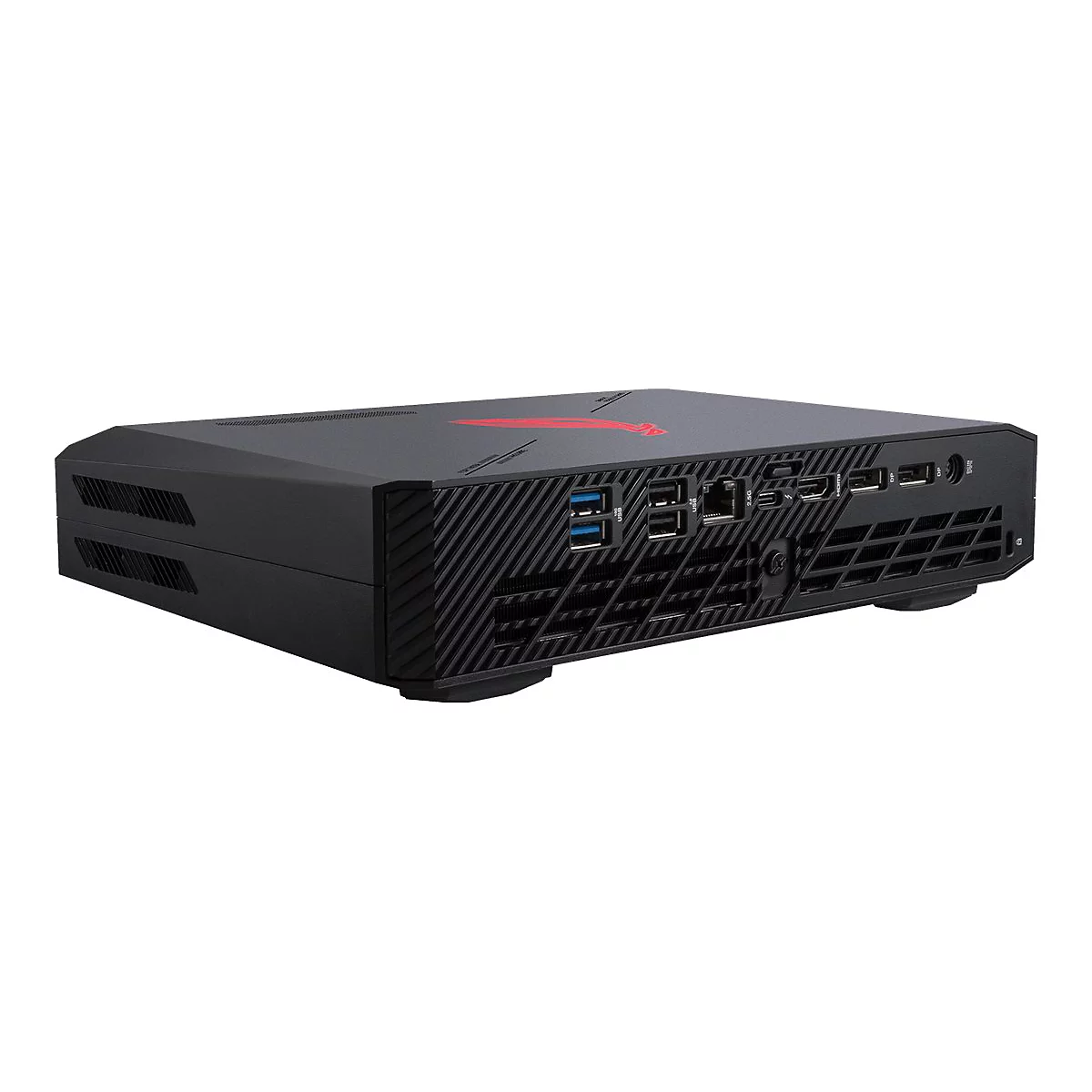 Schwarzer PC mit rotem Logo. An der Front USB-Ports und Lüftungsschlitze, auf dem Deckel ein rotes Logo.