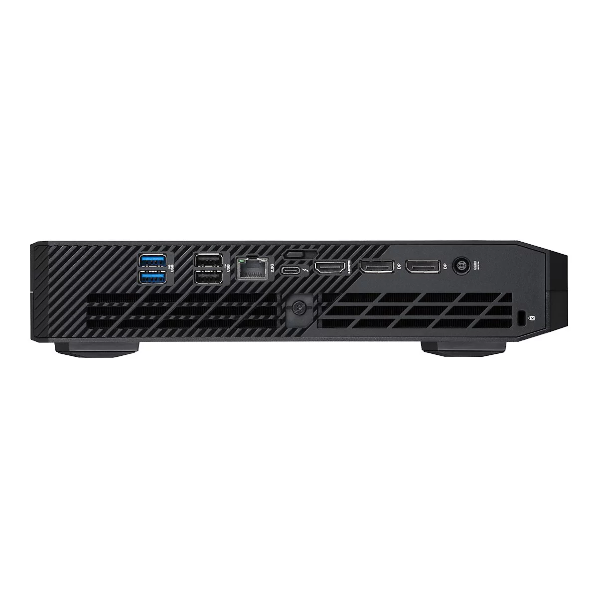 Schwarzer Mini-PC, Rückseite, mit Anschlüssen: USB, LAN, HDMI, DisplayPort.