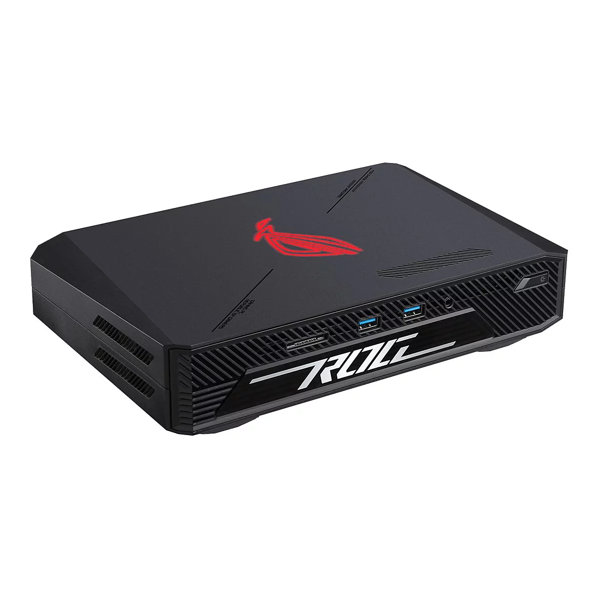 Schwarzer ROG Gaming PC mit rotem Logo und ROG-Schriftzug. Vorne USB-Anschlüsse.