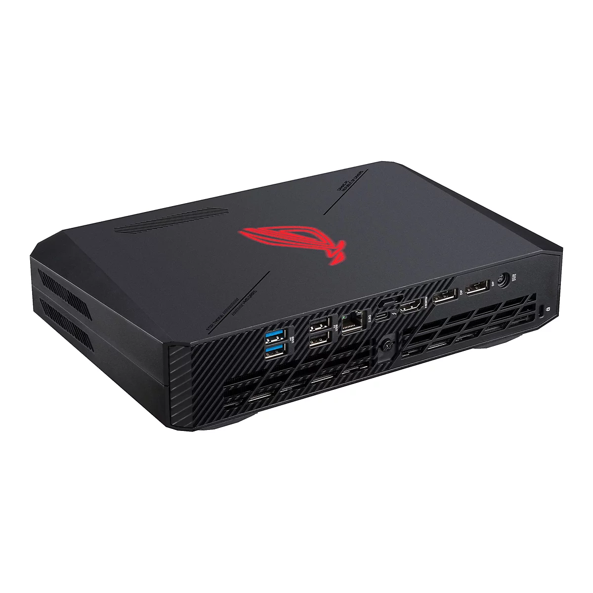 Schwarzer Mini-PC mit rotem Logo und Anschlüssen. Aufschrift: Republic of Gamers.