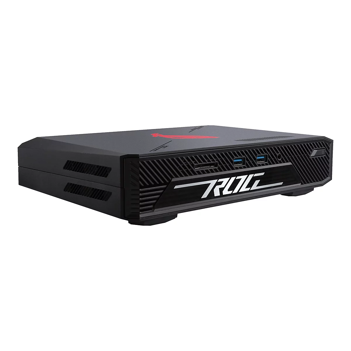 Schwarzer Gaming-PC mit ROG-Logo. Auf der Oberseite ist ein rotes Logo abgebildet. Die Front zeigt den ROG-Schriftzug.