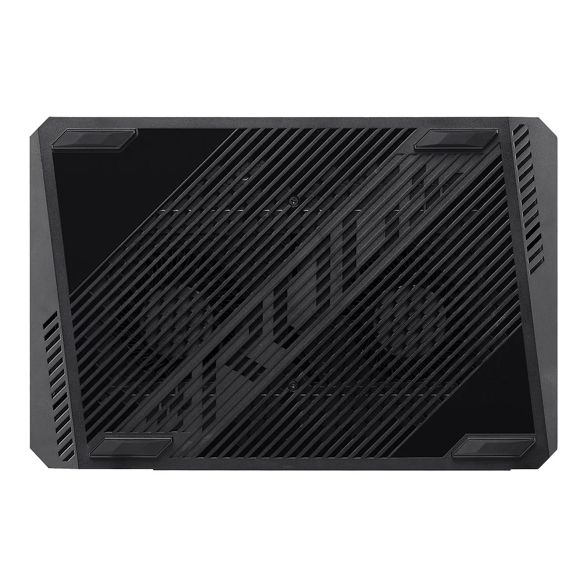 Draufsicht auf einen schwarzen Gaming-Laptop mit Lüftungsschlitzen. Vier Gummifüße halten den Laptop vom Untergrund fern.