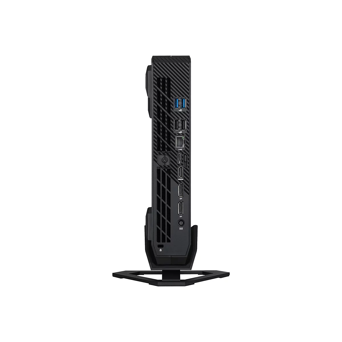 Schwarzer Mini-PC im Profil, mit Anschlüssen wie USB, HDMI und DP. Er steht auf einem passenden Ständer.