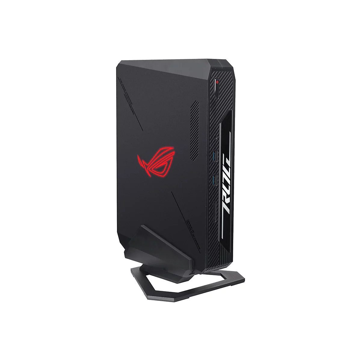 Schwarzer Gaming-PC-Tower mit roten Akzenten und ROG-Logo.