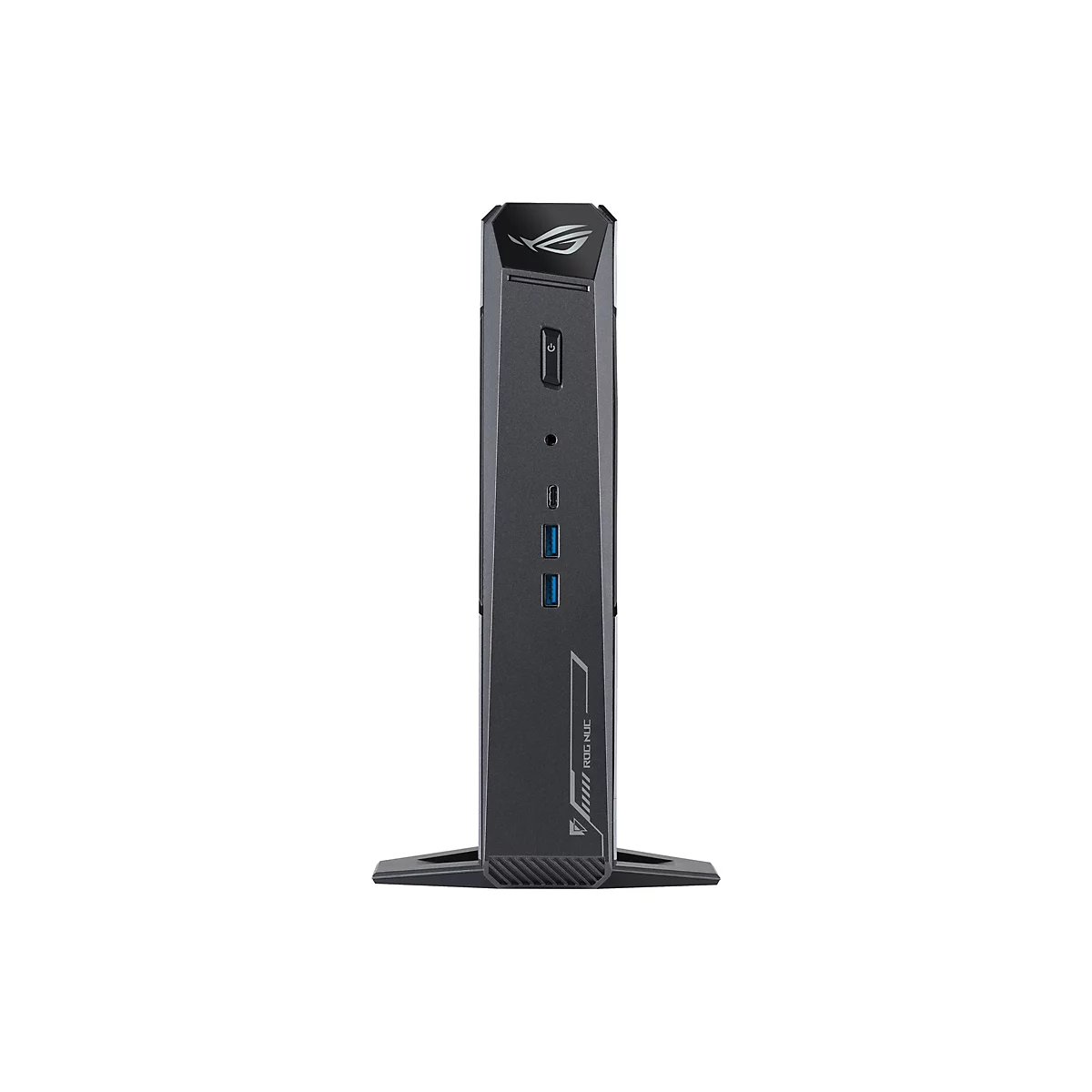 Dunkelgrauer ROG NUC Computer. Auf der Vorderseite: Ein-Aus-Schalter, USB-Anschlüsse. ROG-Logo oben.