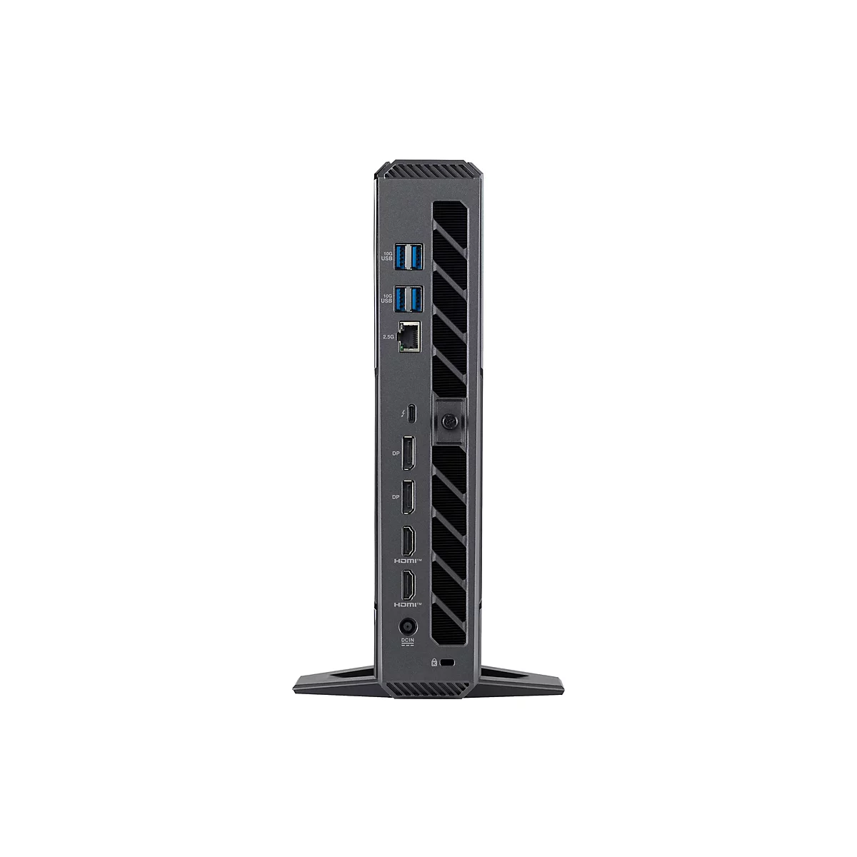 Grauer Mini-PC vor weißem Hintergrund. Sichtbar sind Anschlüsse für USB, HDMI, DisplayPort, Ethernet und Strom.