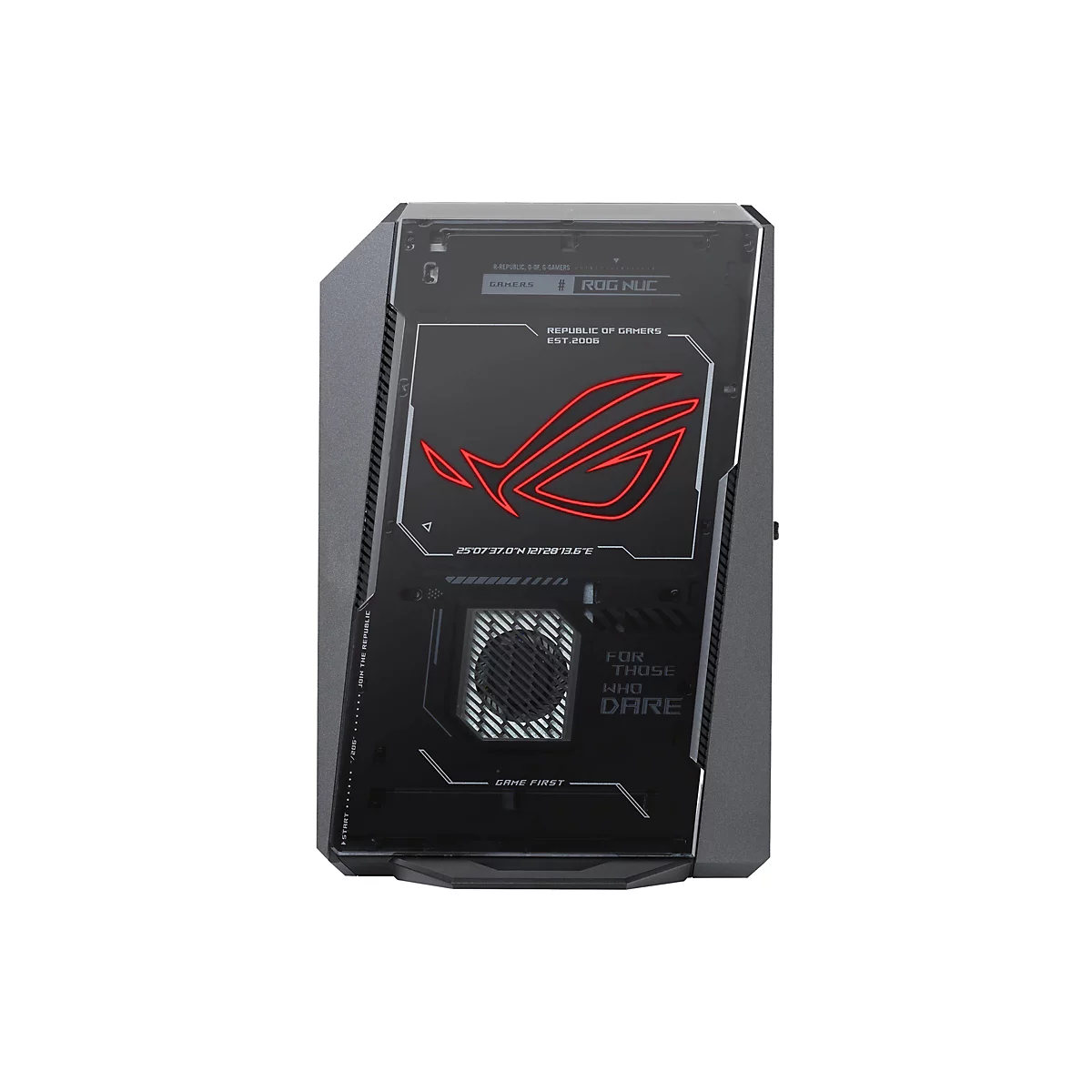 Schwarzes ROG NUC PC-Gehäuse, leuchtendes rotes ROG-Logo, „Republic of Gamers“ und „For Those Who Dare“ Schriftzüge.
