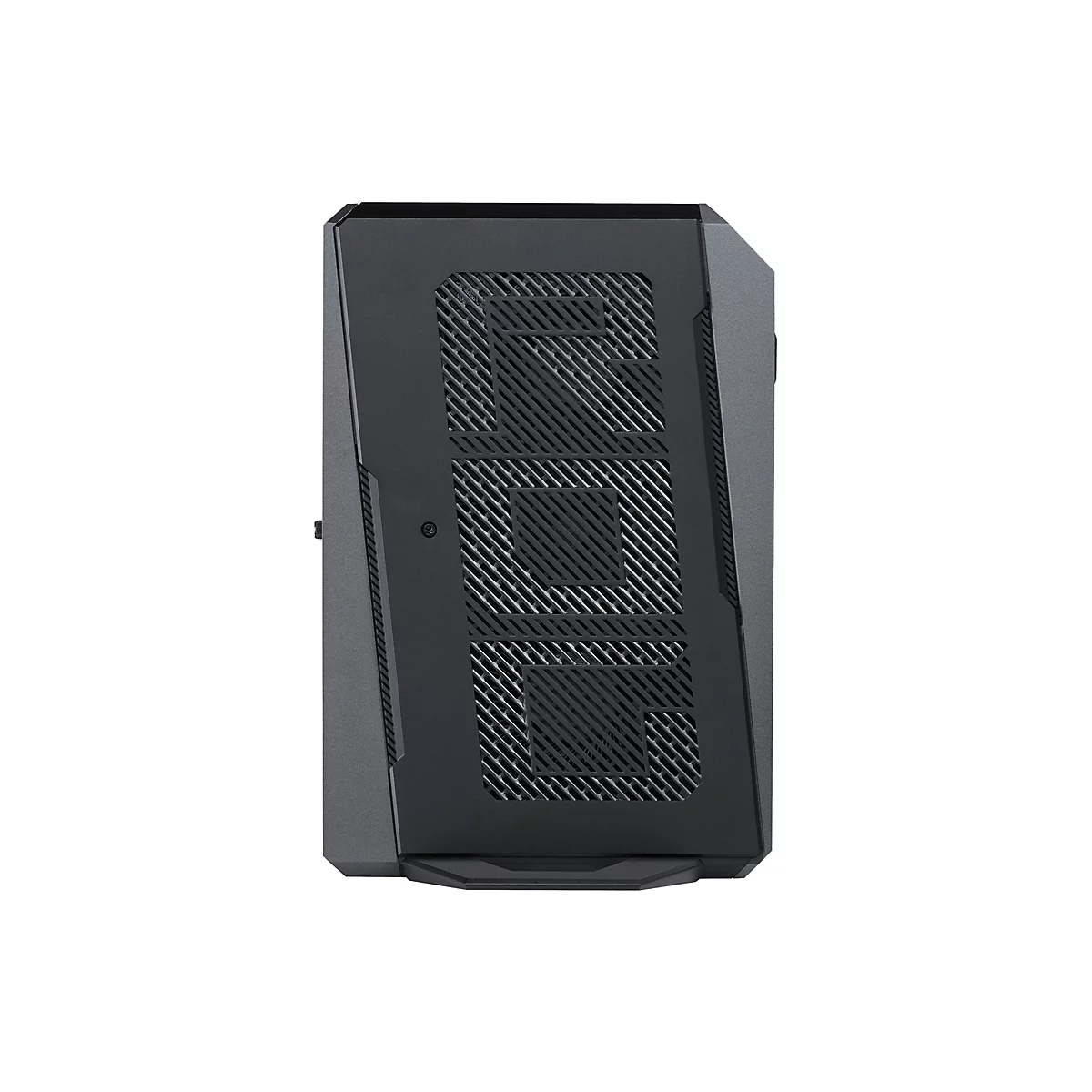 Schwarzes PC-Gehäuse mit Lochmuster und ROG-Logo.