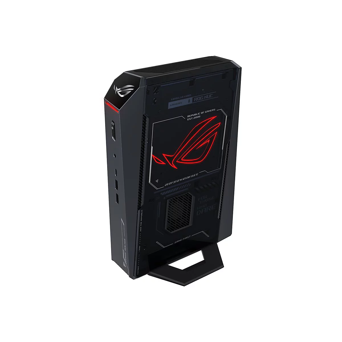 Schwarzer Gaming-PC ROG NUC mit leuchtend rotem Republic of Gamers Logo auf weißem Hintergrund.