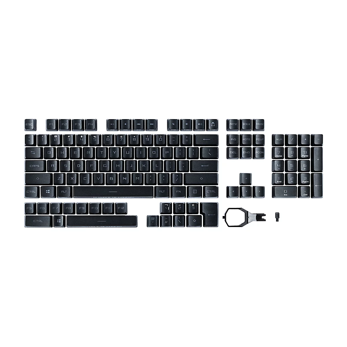 Ausgebreitete schwarze Tastenkappen eines ROG Gaming-Keyboards auf weißem Grund.