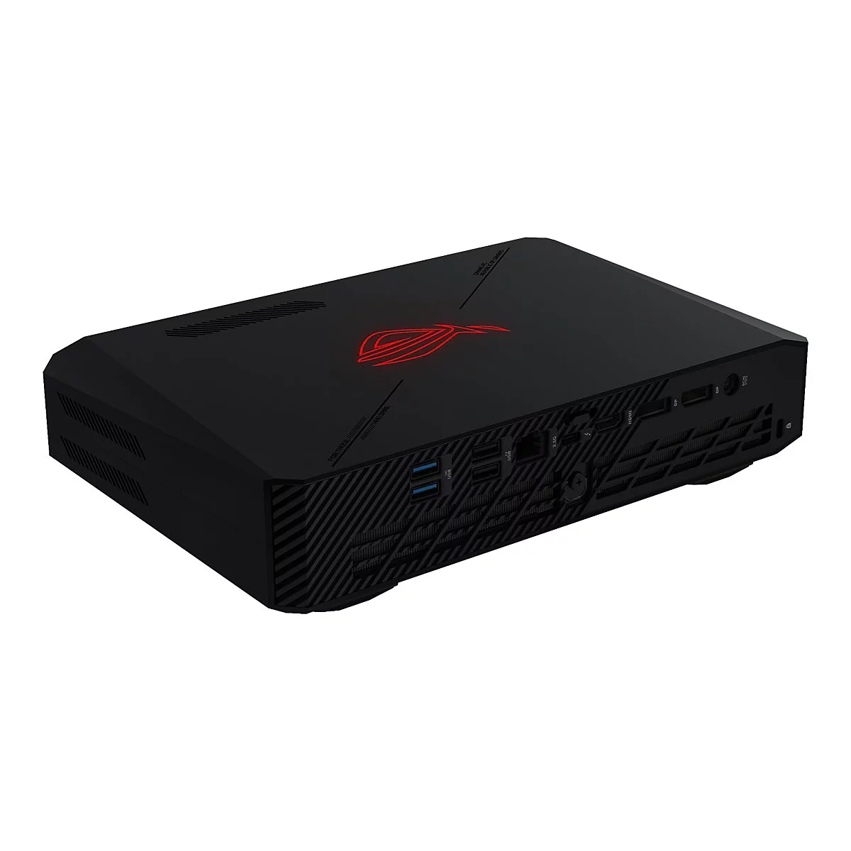 Mini PC noir avec logo ROG rouge. Côté avec connexions, inscriptions sur la surface.