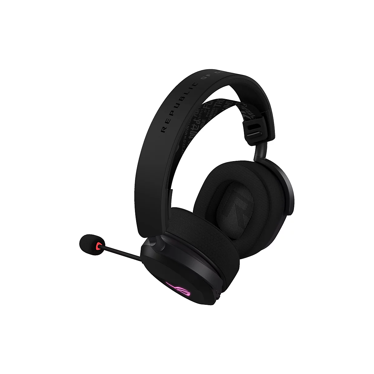 Schwarzes Gaming-Headset, das ROG-Logo leuchtet auf der Ohrmuschel, Mikrofon mit roter Spitze.