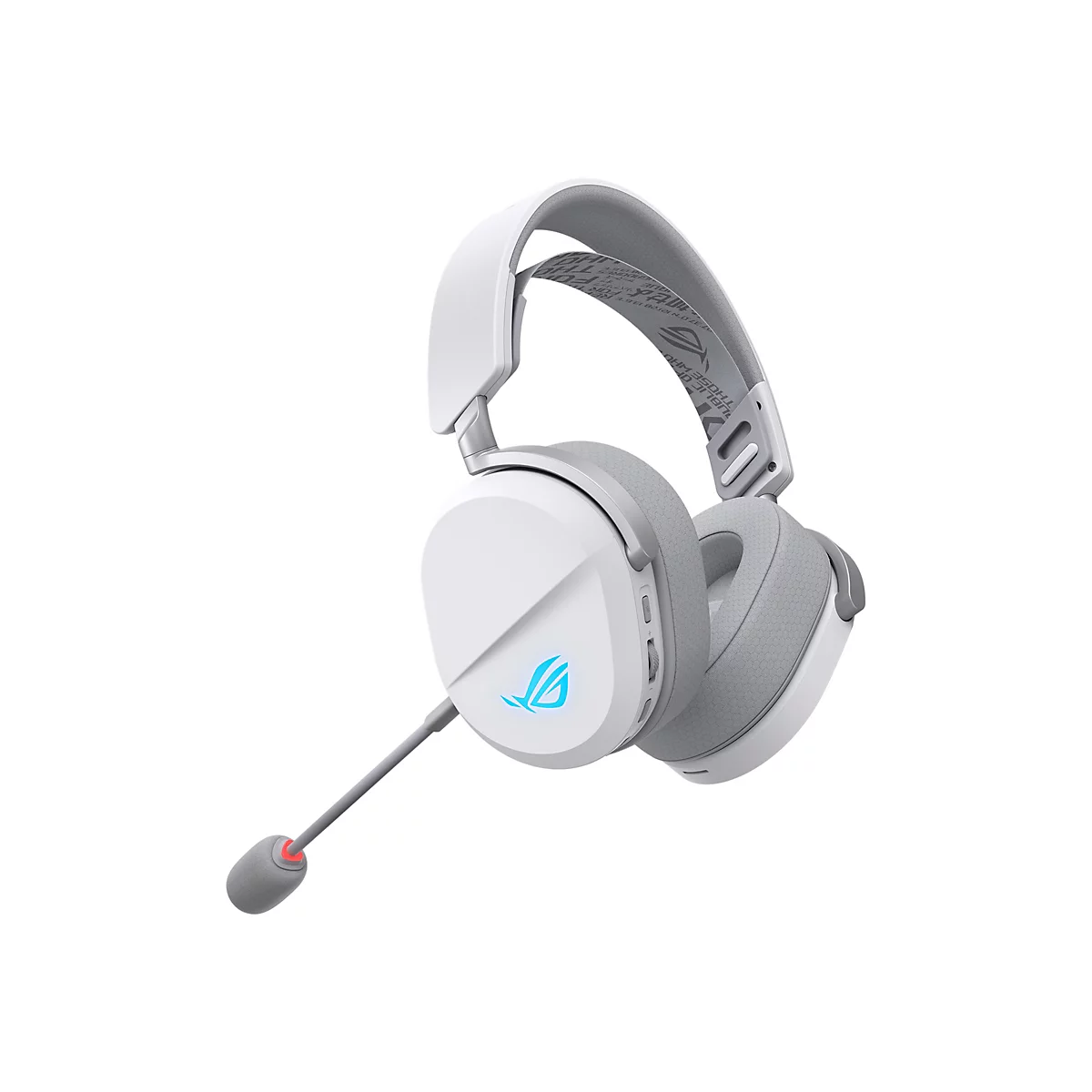 Weißes Gaming-Headset mit grauem Mikrofon, Ohrmuscheln und Kopfbügel. Das Logo ist blau.