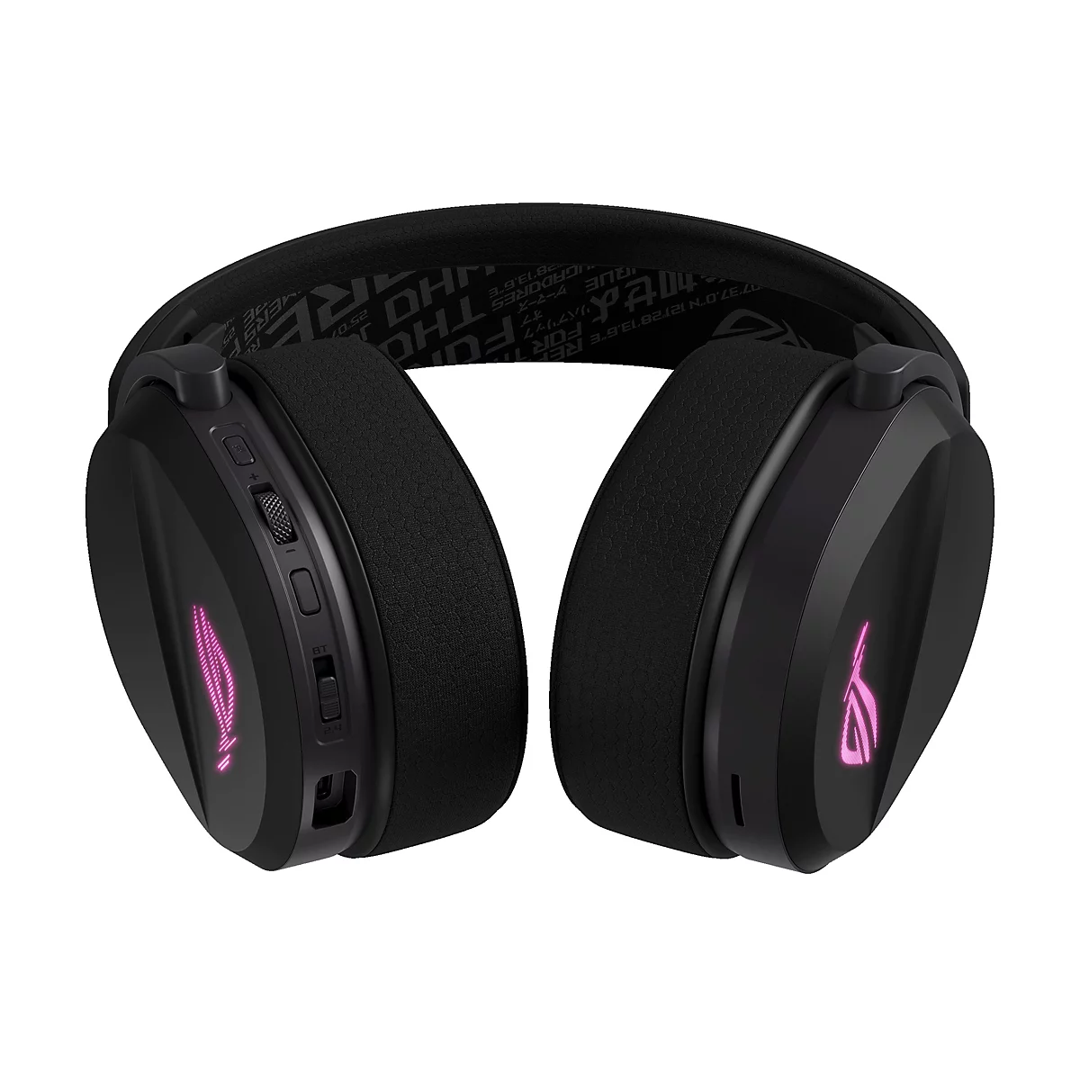 Schwarzes Gaming-Headset, ROG-Logo leuchtet pink. Auf der Innenseite des Bügels steht Text.