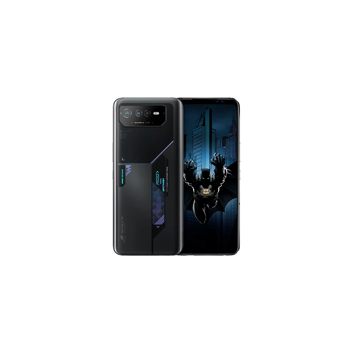 Smartphone, schwarz mit Batman-Motiv auf dem Bildschirm. Rückseite zeigt ROG-Logo und weitere Details.