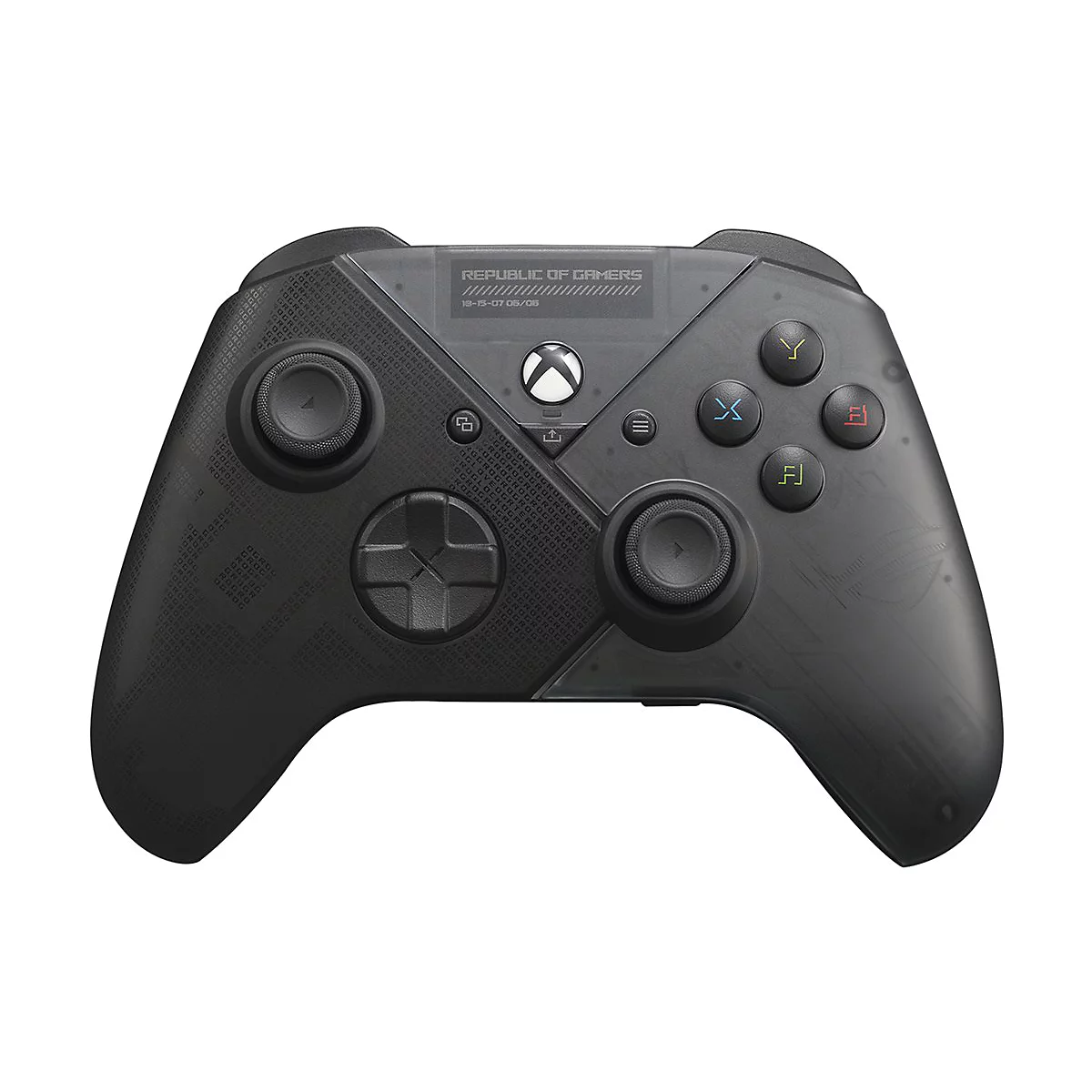 Schwarzer Gamecontroller mit farbigen Knöpfen und Text Republic of Gamers. Im Hintergrund ein weißer Hintergrund.