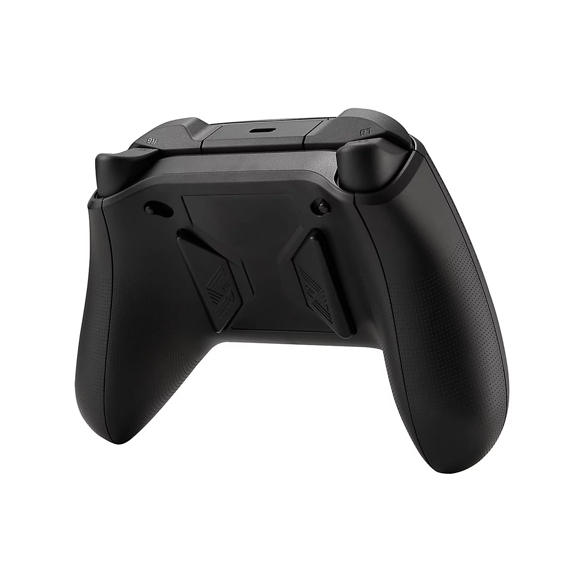 Ein schwarzer Gamecontroller von hinten, Tastenbeschriftung RB und LB.