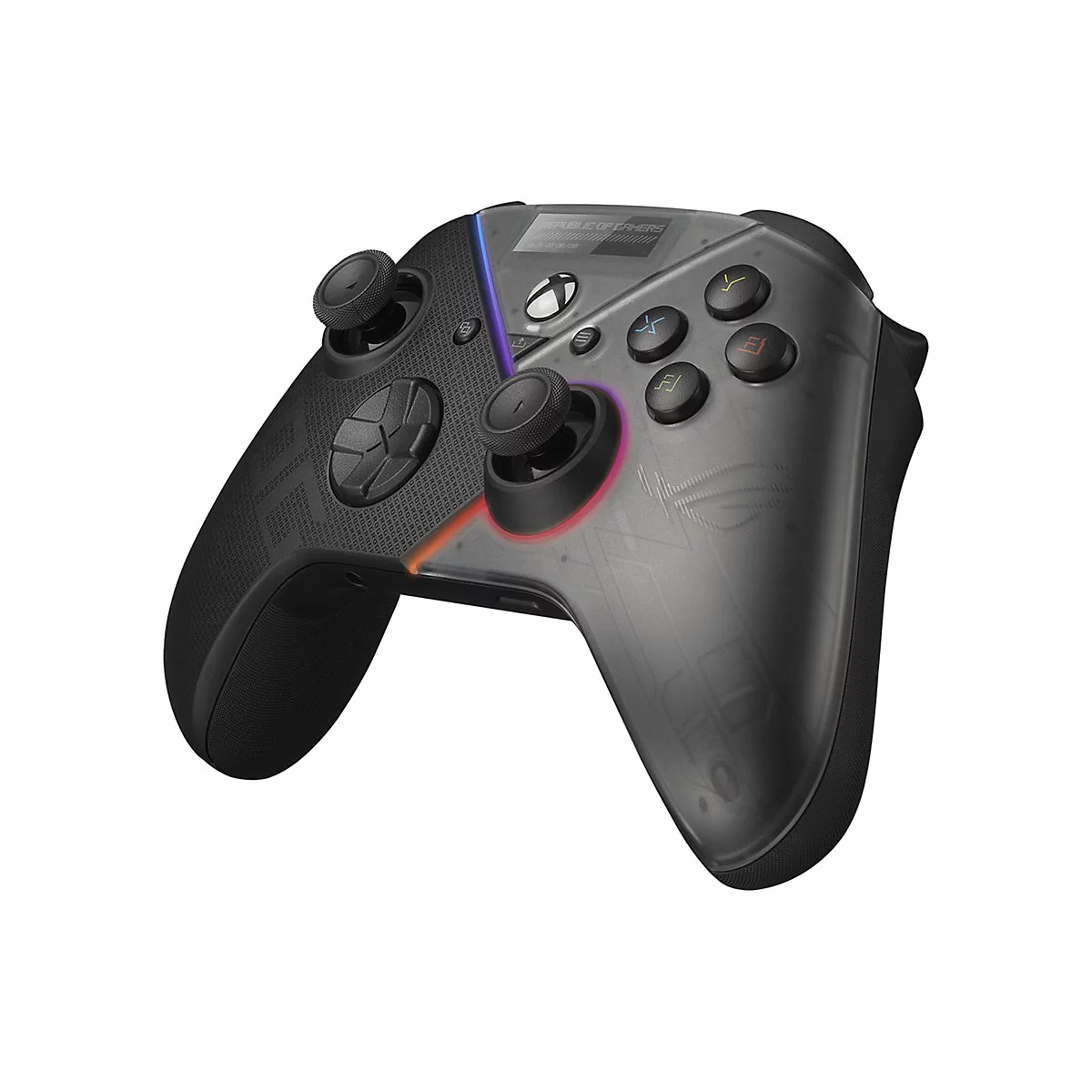 Schwarzer Gamecontroller mit durchsichtigen Elementen. ROG-Logo und Xbox-Taste erkennbar, sowie beleuchtete Details.