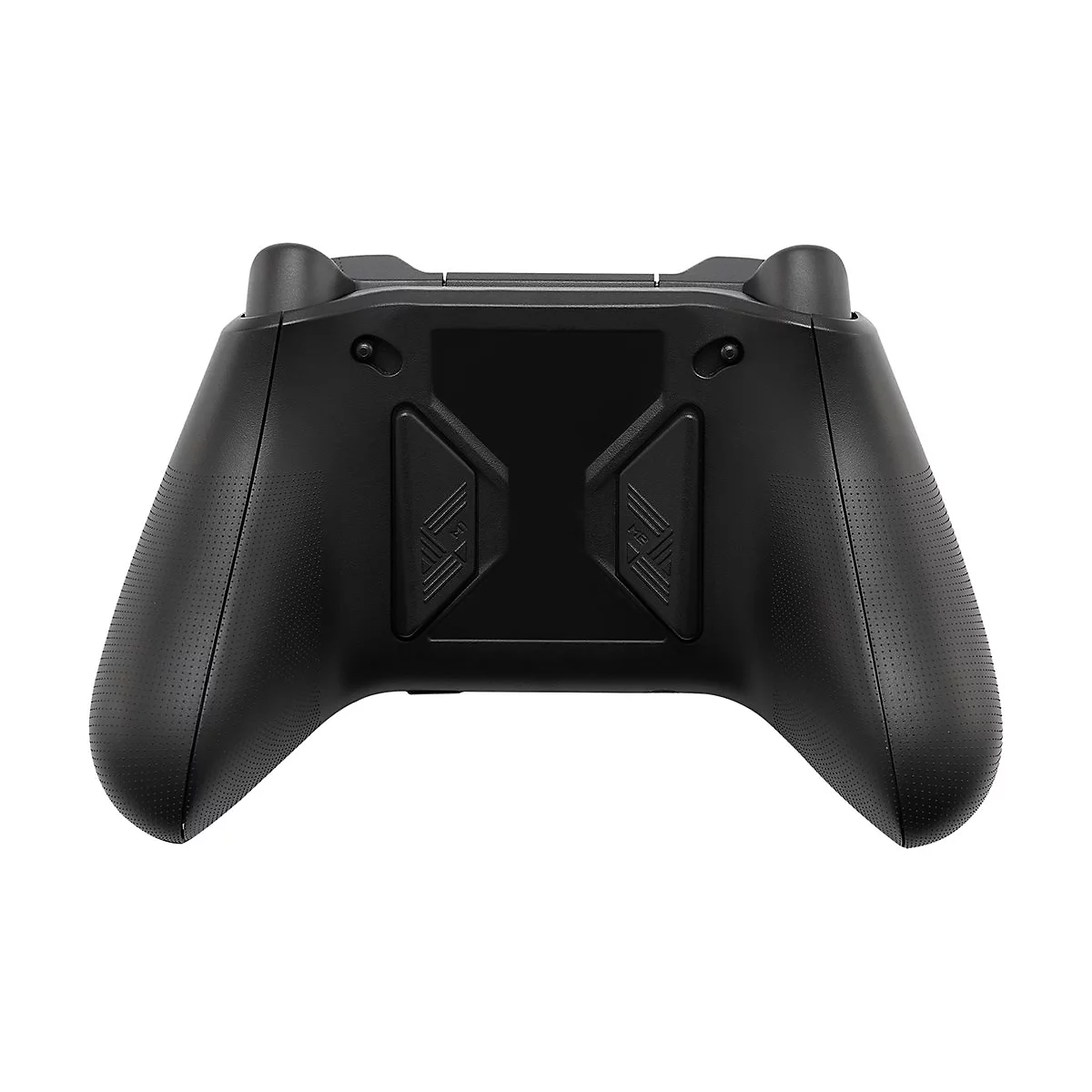 Schwarzer Gamecontroller von hinten, Details der Oberfläche und Knöpfe sichtbar.