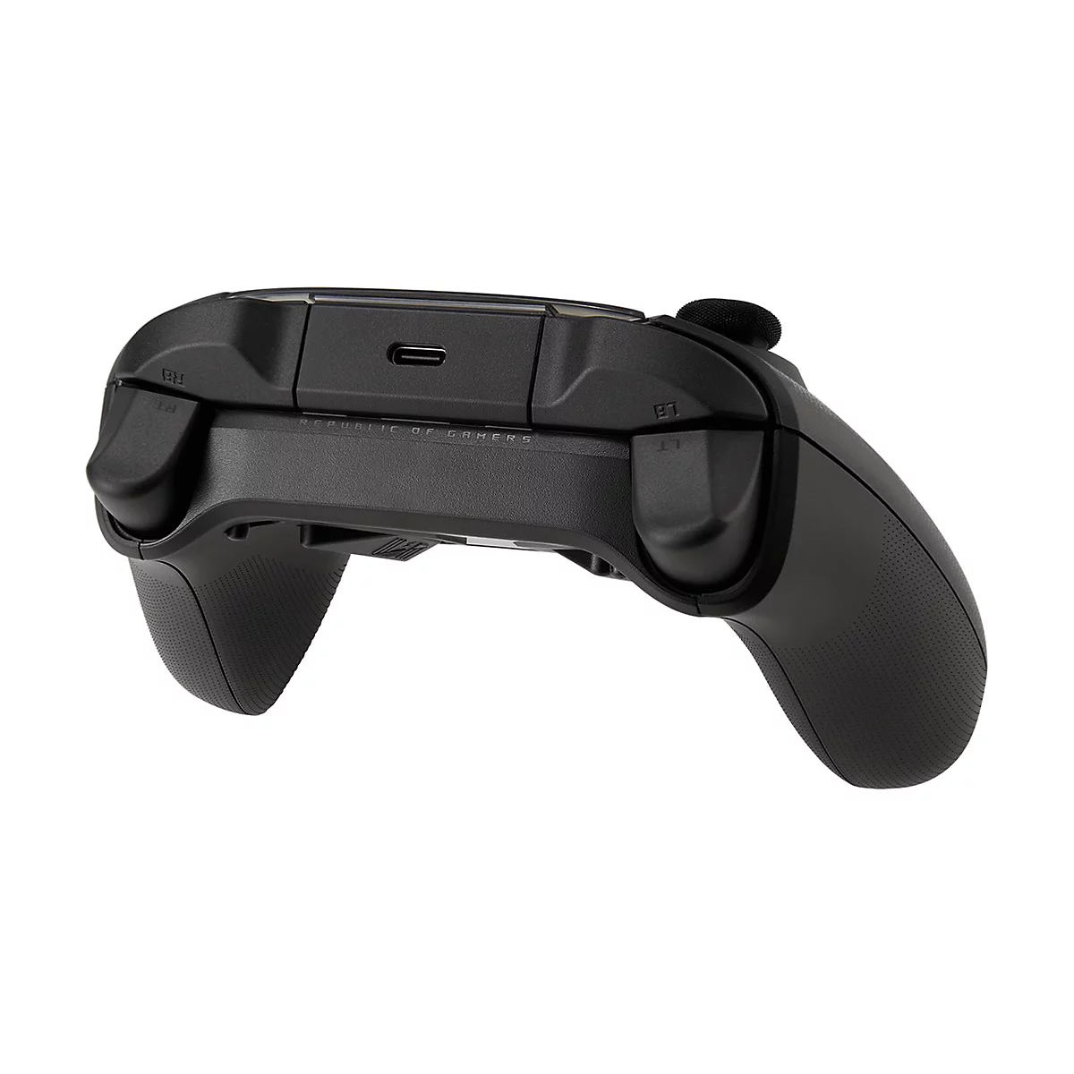 Rückseite eines schwarzen Gaming-Controllers mit USB-C-Anschluss und Schultertasten.