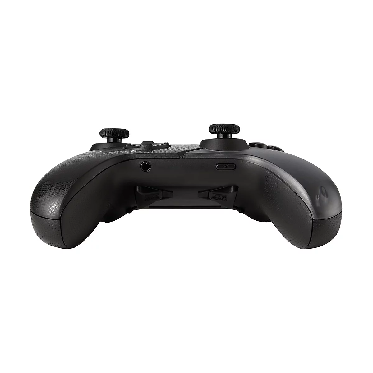 Ein schwarzer Gamecontroller mit zwei Joysticks, Knöpfen und einem strukturierten Griff, vor weißem Hintergrund.