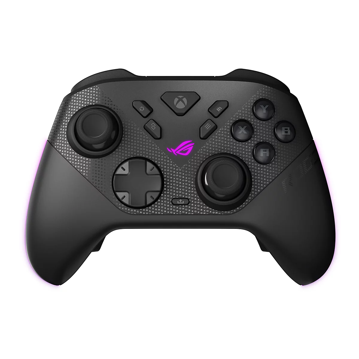 Schwarzer Gaming-Controller mit beleuchtetem ROG-Logo, gemustertem Gehäuse und ergonomischem Layout vor weißem Hintergrund.