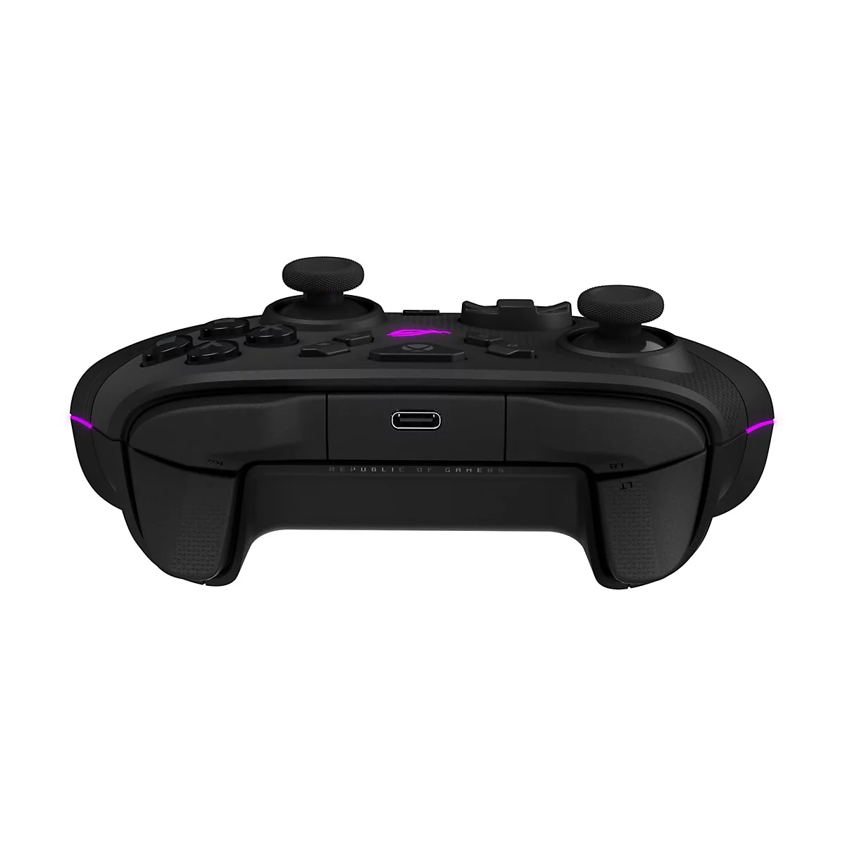 Schwarzer Asus ROG Gaming-Controller mit USB-C-Anschluss und leuchtendem violettem Logo auf weißem Hintergrund.