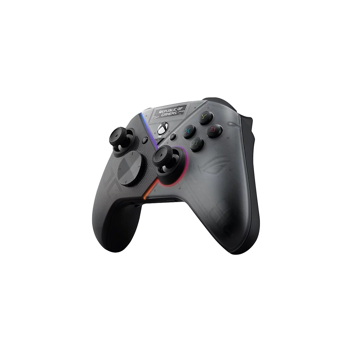 Manette Xbox noire avec logos ROG et Xbox. Avec de nombreux boutons et joysticks. Sur fond blanc.
