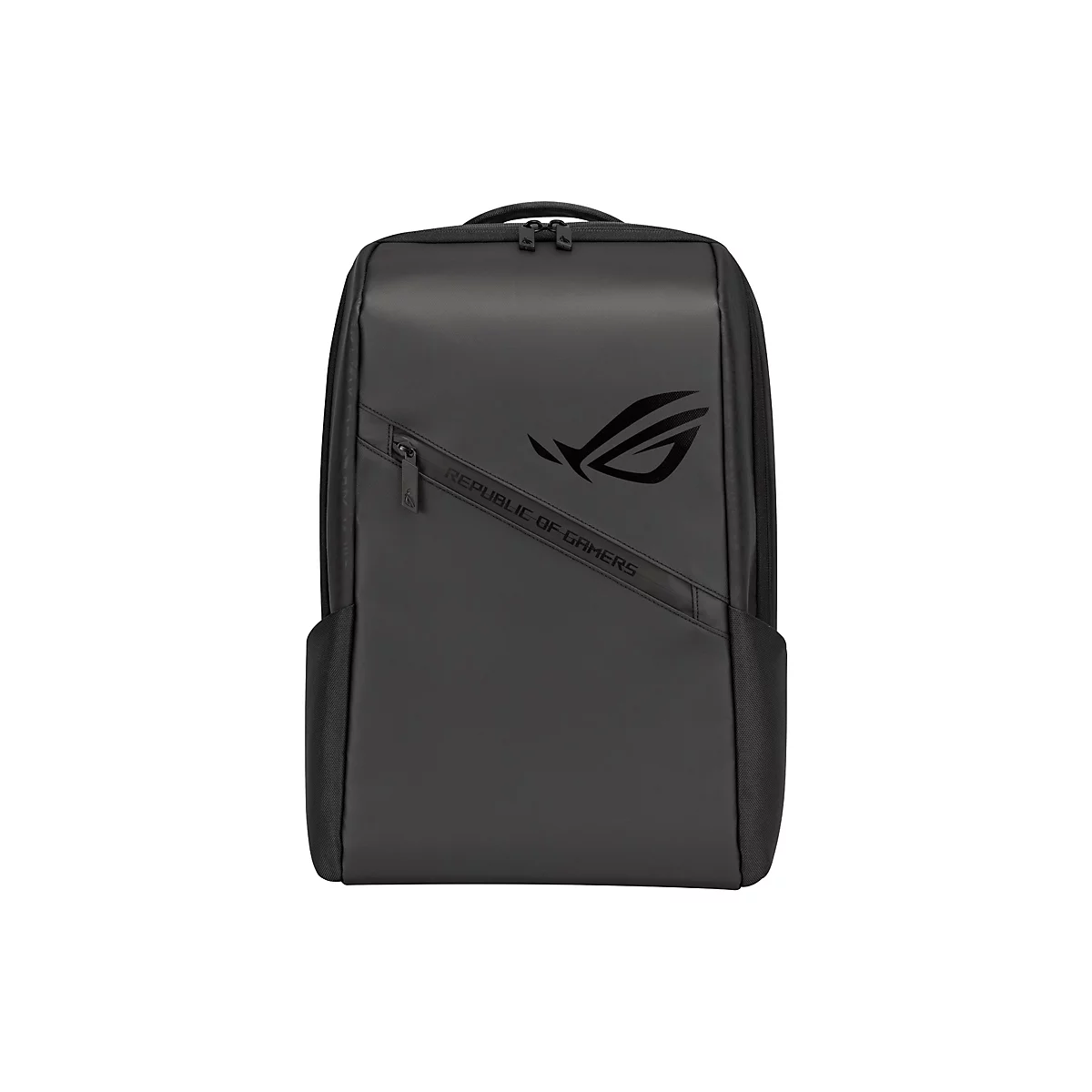 Schwarzer ROG Gaming-Rucksack mit Republic of Gamers Logo auf glatter Vorderseite vor weißem Hintergrund.