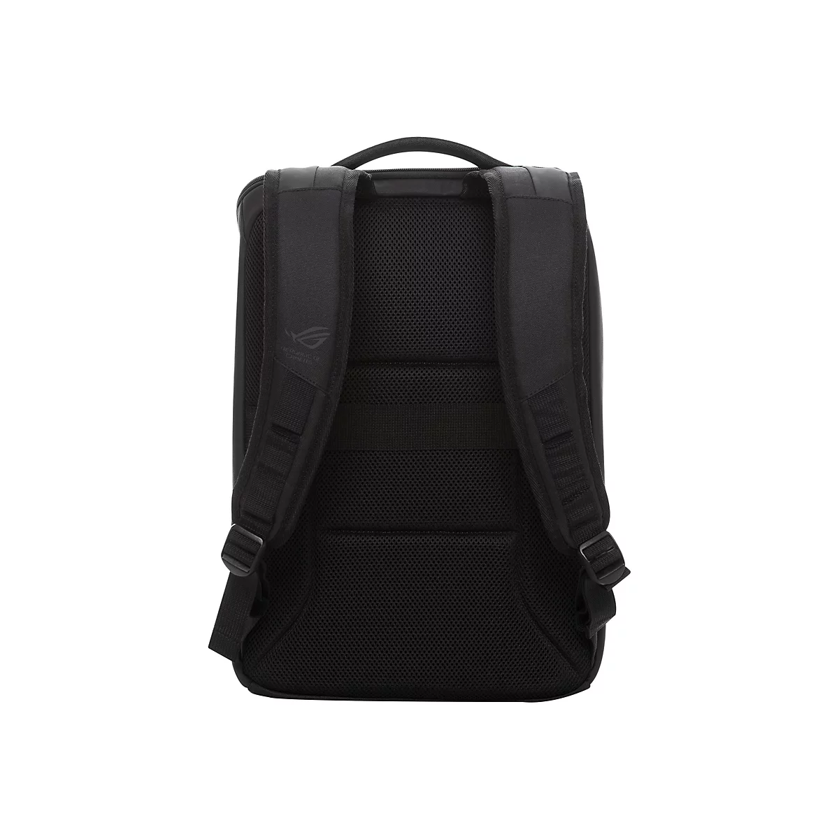 Rückseite eines schwarzen Gaming-Rucksacks mit gepolsterten Tragegurten und Mesh-Polsterung vor weißem Hintergrund.