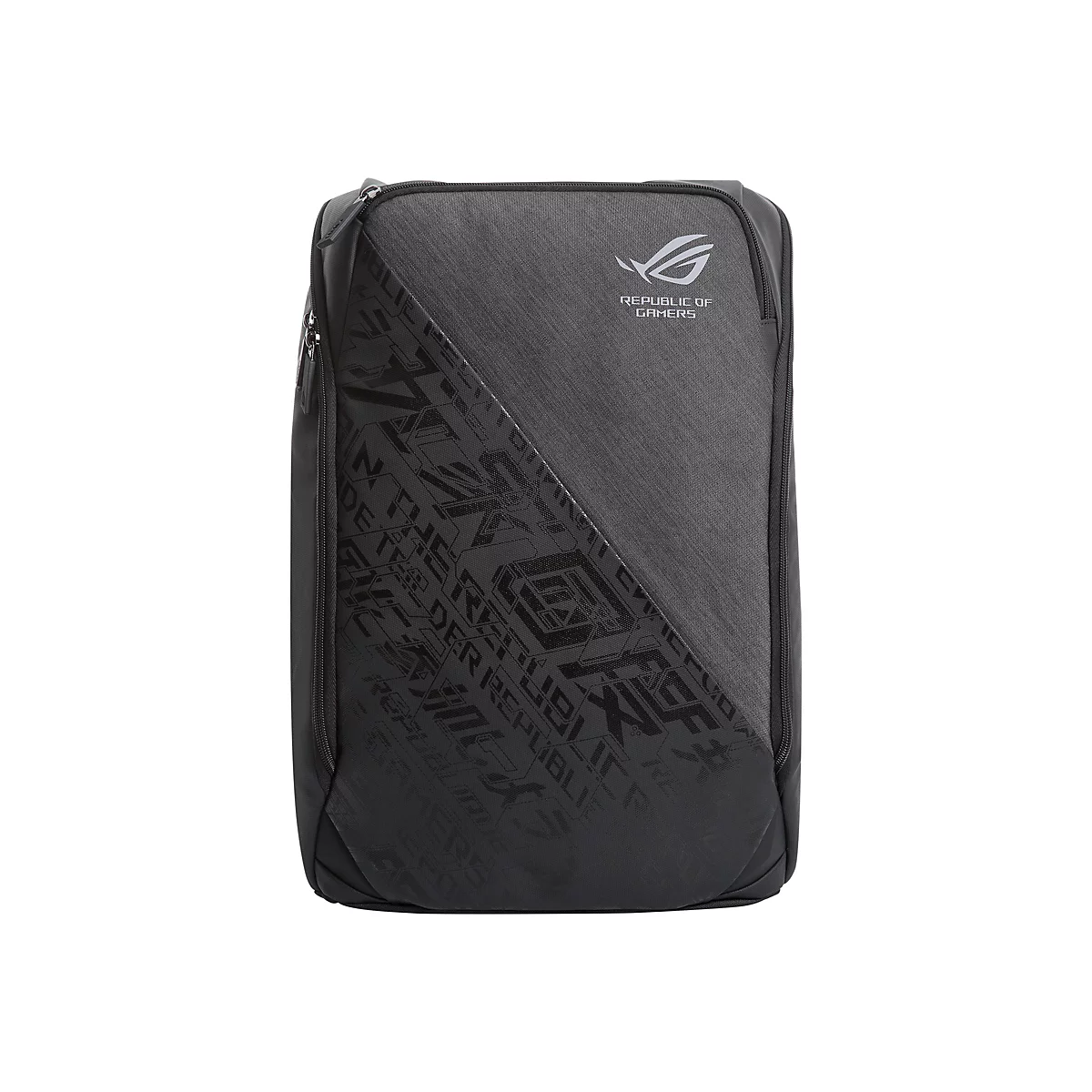 Schwarzer Asus Republic of Gamers Rucksack mit Logo und grafischem Textmuster vor weißem Hintergrund.