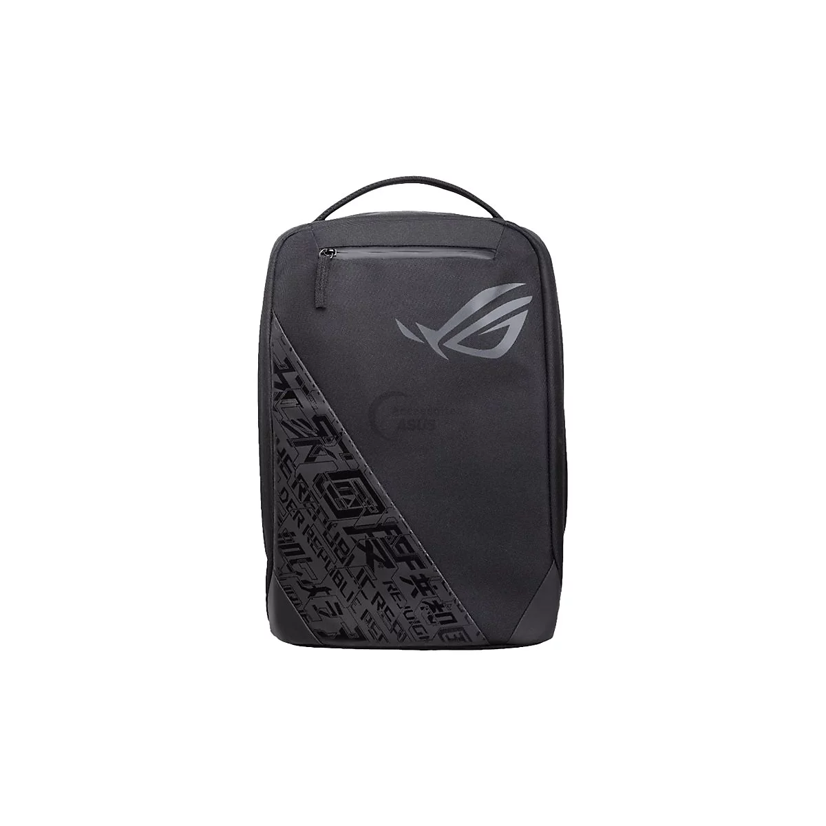 Schwarzer Asus ROG Gaming-Rucksack mit markantem Logo und geometrischem Muster auf der Vorderseite.