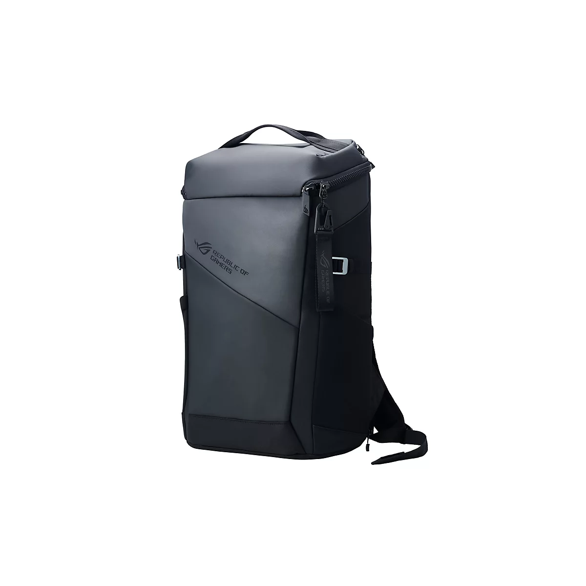 Schwarzer Asus ROG Gaming-Rucksack mit Branding auf der Vorderseite vor weißem Hintergrund.