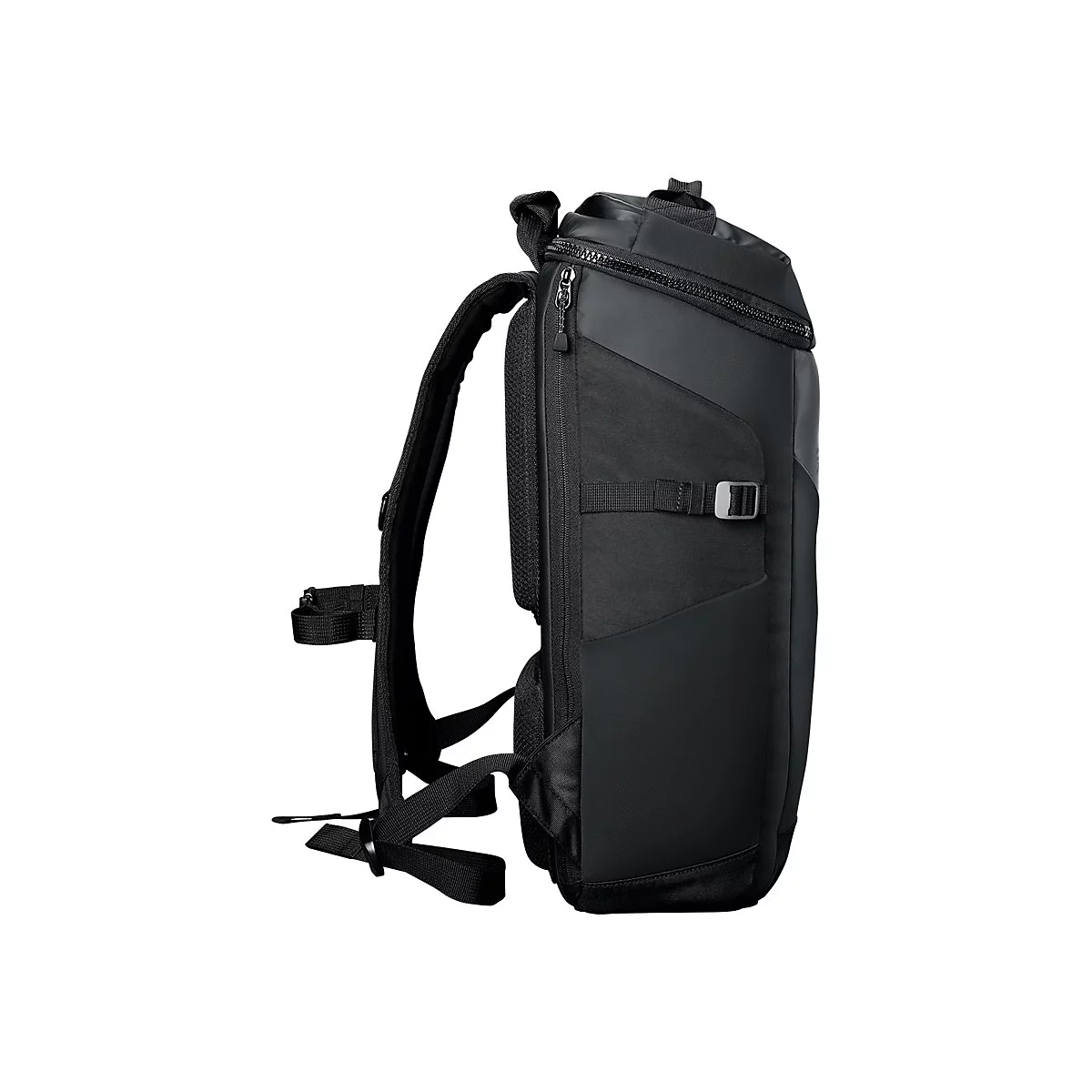 Seitliche Ansicht eines modernen, schwarzen Rucksacks mit gepolsterten Trägern vor weißem Hintergrund.