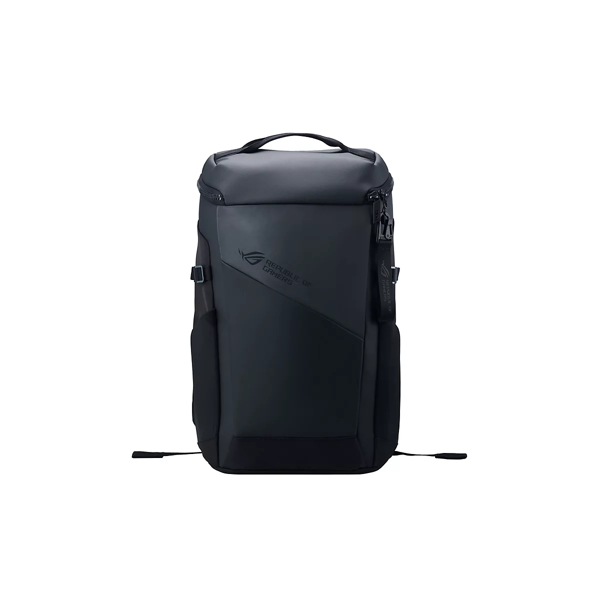 Schwarzer Rucksack mit Reißverschlüssen, Griff und Logo.
