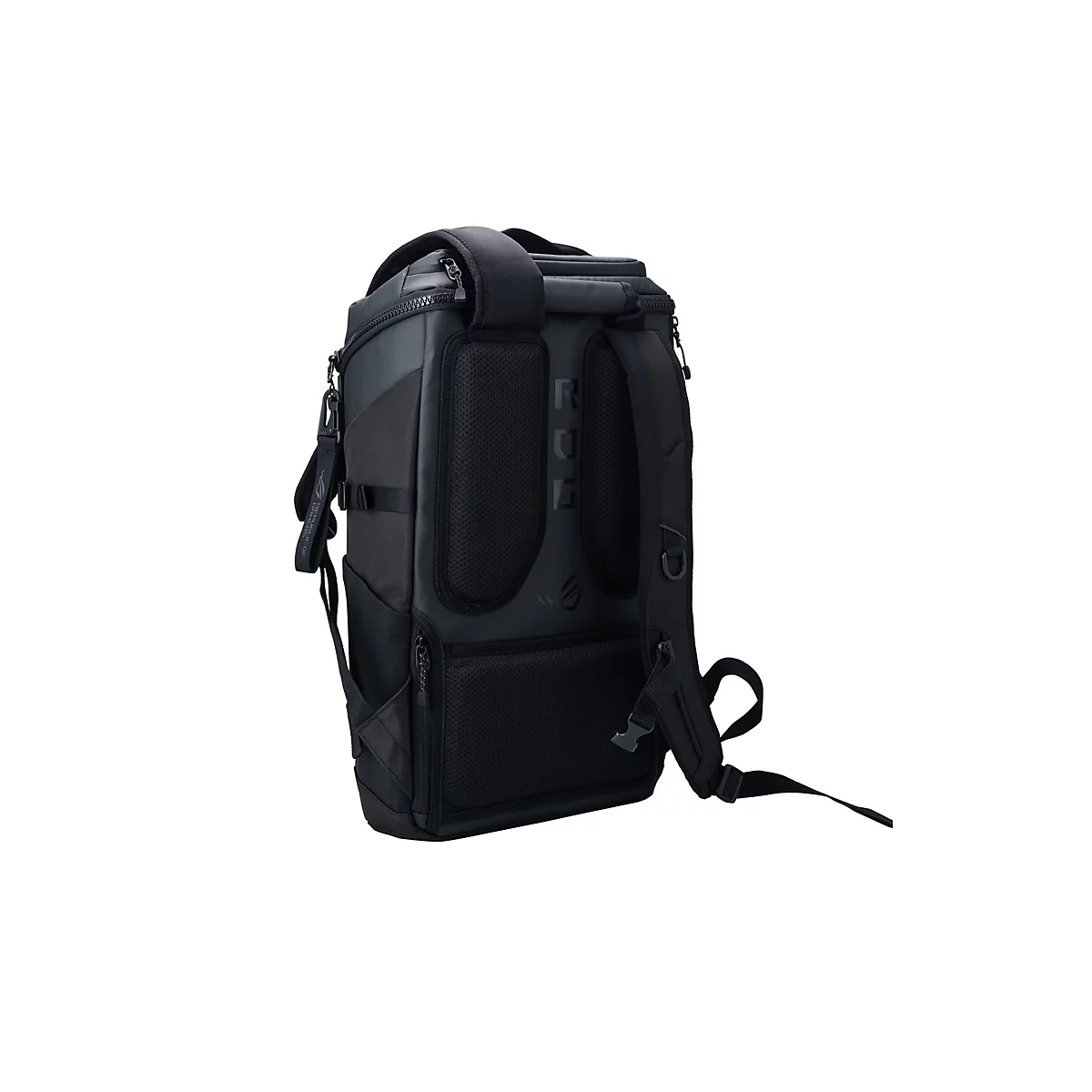 Schwarzer ROG-Rucksack, Ansicht von hinten. Logo auf der Rückseite. Schultergurte und Tragegriff.