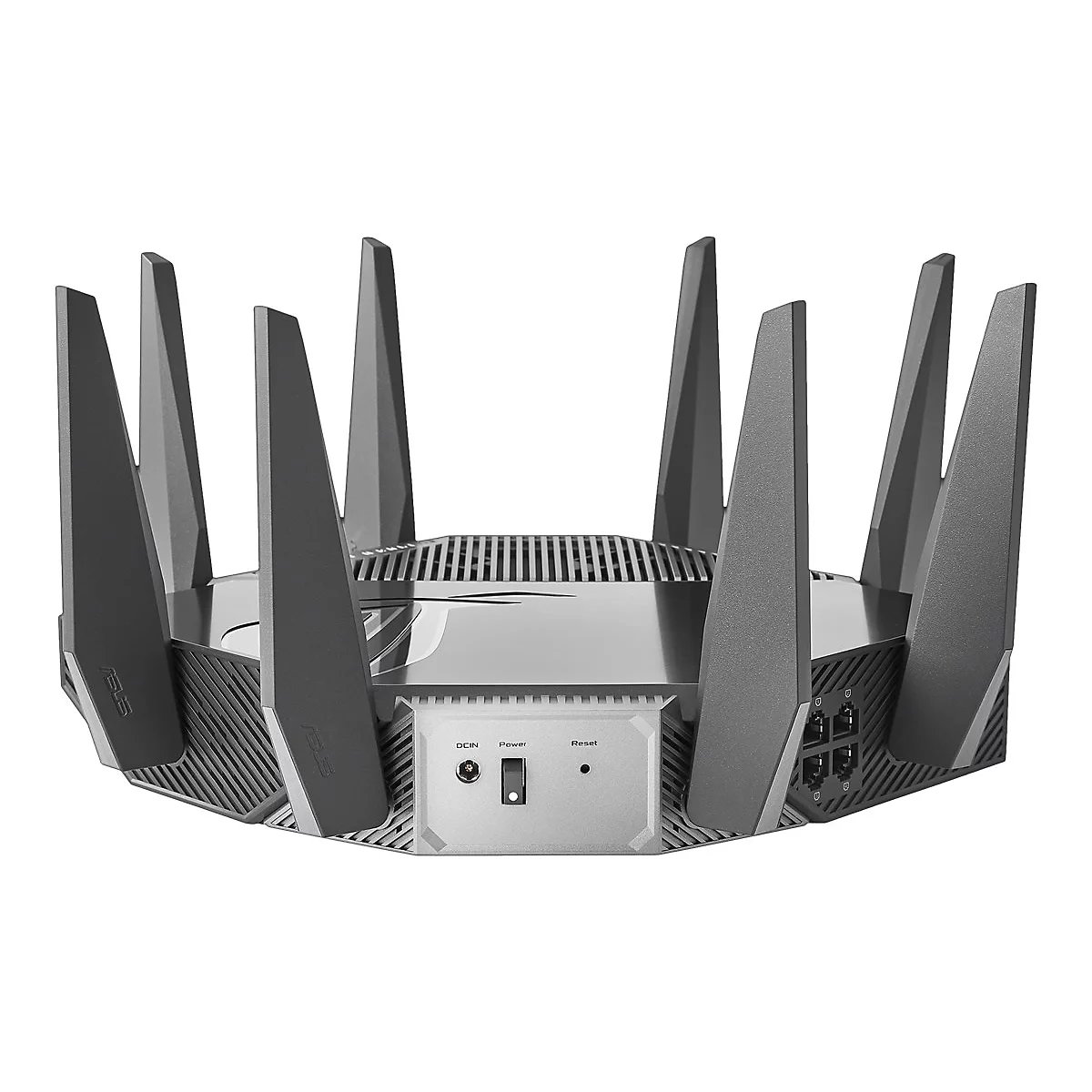 Ein schwarzer Router mit Antennen. Auf der Front befinden sich AnschlÃ¼sse und ein Schalter.
