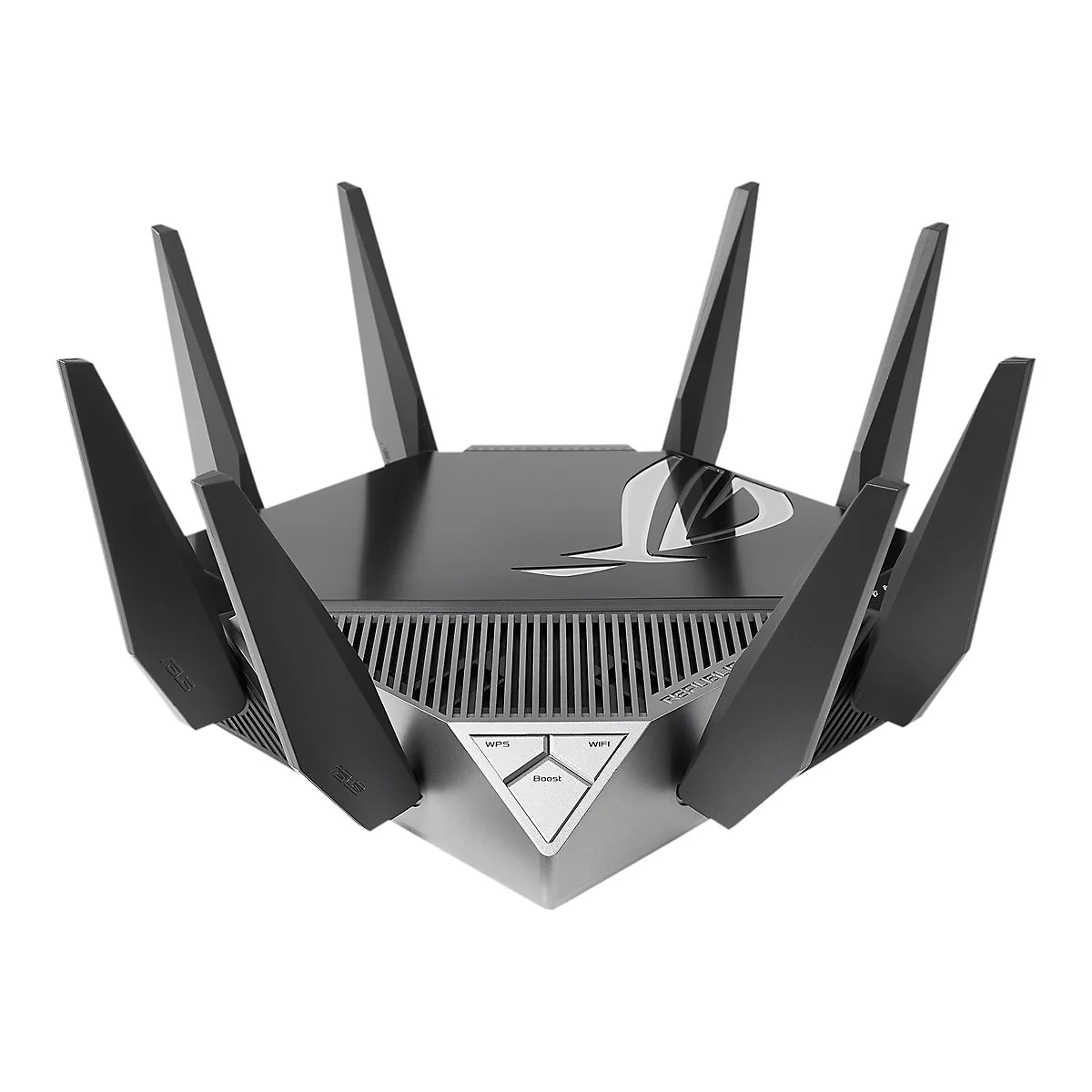 Ein Router, grau-schwarz, mit sechs Antennen. Unten ein silbernes Dreieck mit Tasten.