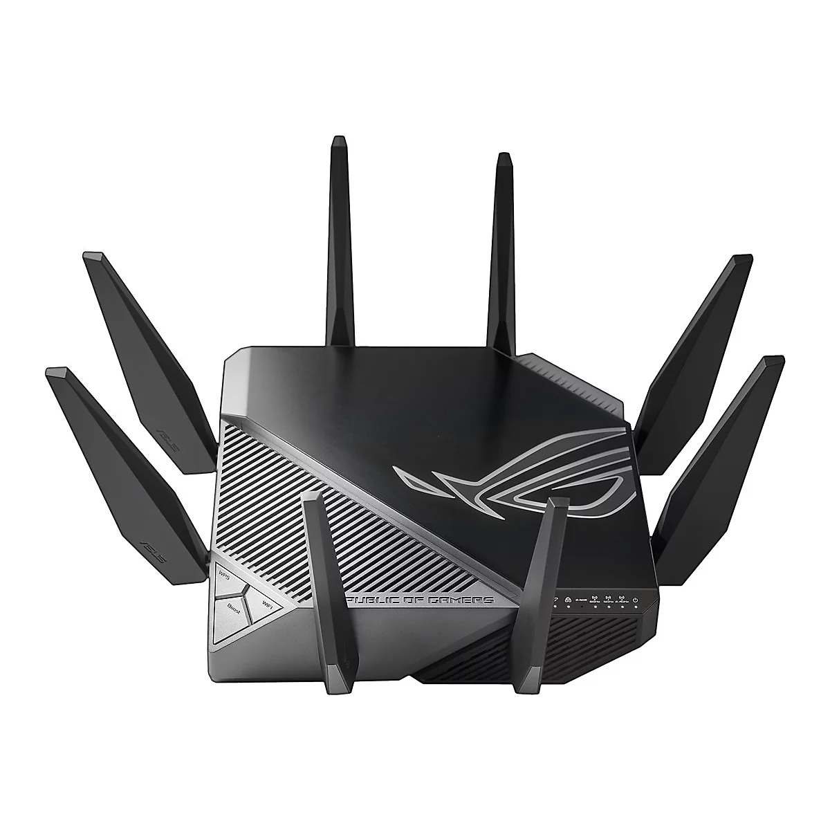 Schwarzer Router mit sechs Antennen, ROG-Logo. Aufschrift: Public of Gamers. Schwarzer Hintergrund.