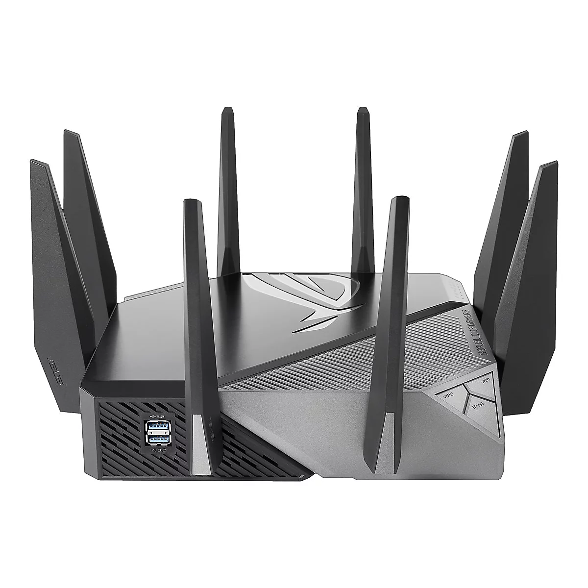 Schwarzer Router mit Antennen und Logo. Seitlich Ports und Knöpfe: WPS, Wifi, Boost. Grauer Hintergrund.
