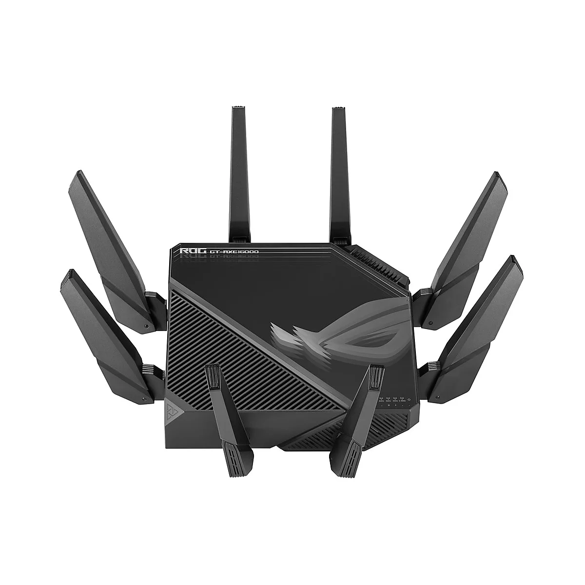 Schwarzer Router mit mehreren Antennen, ROG-Logo und Modellbezeichnung. Die Antennen sind wie FlÃ¼gel angeordnet.
