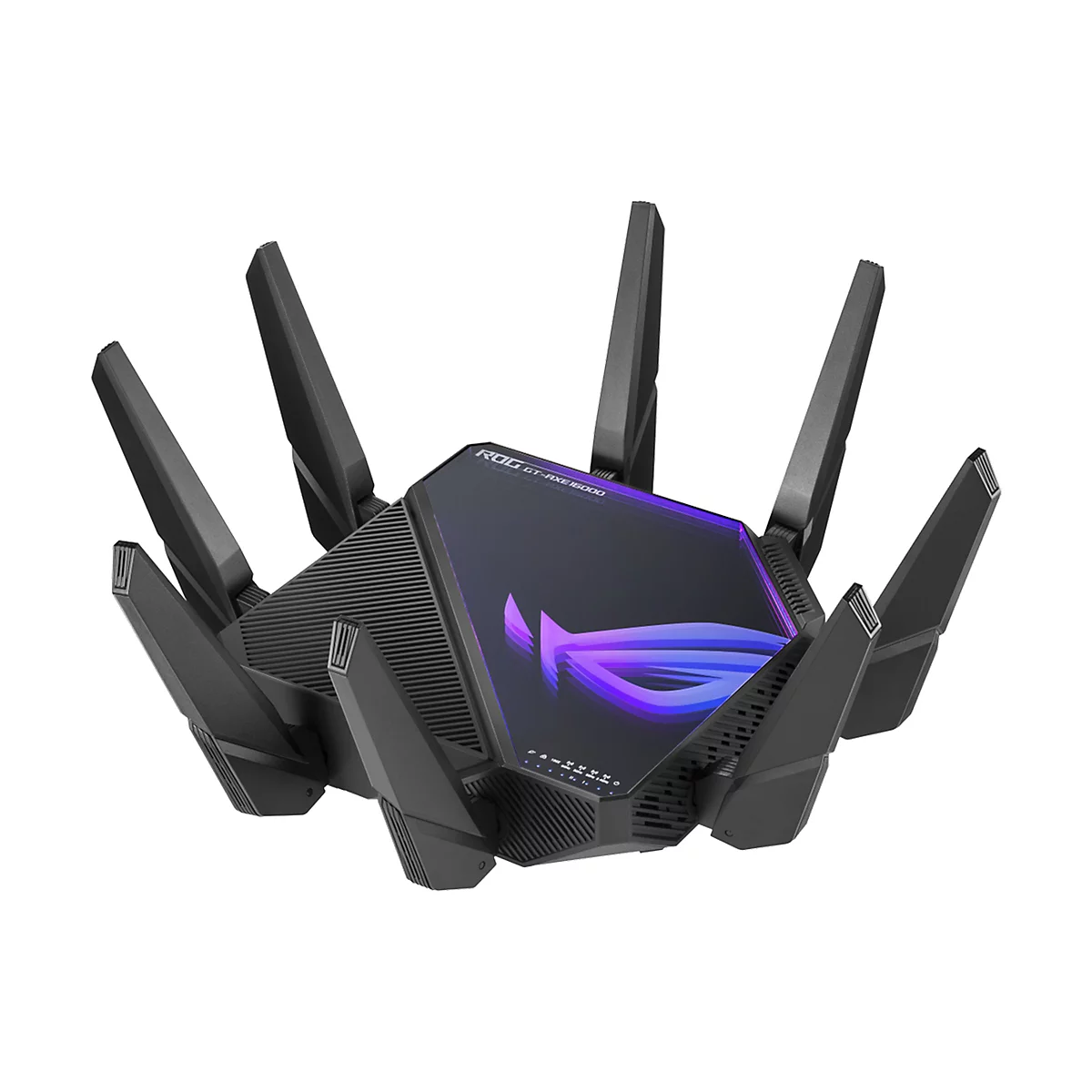 Schwarzer Router mit acht Antennen, die von der Mitte ausstrahlen. Auf der Oberseite leuchtet das ROG-Logo in Violett und Blau.