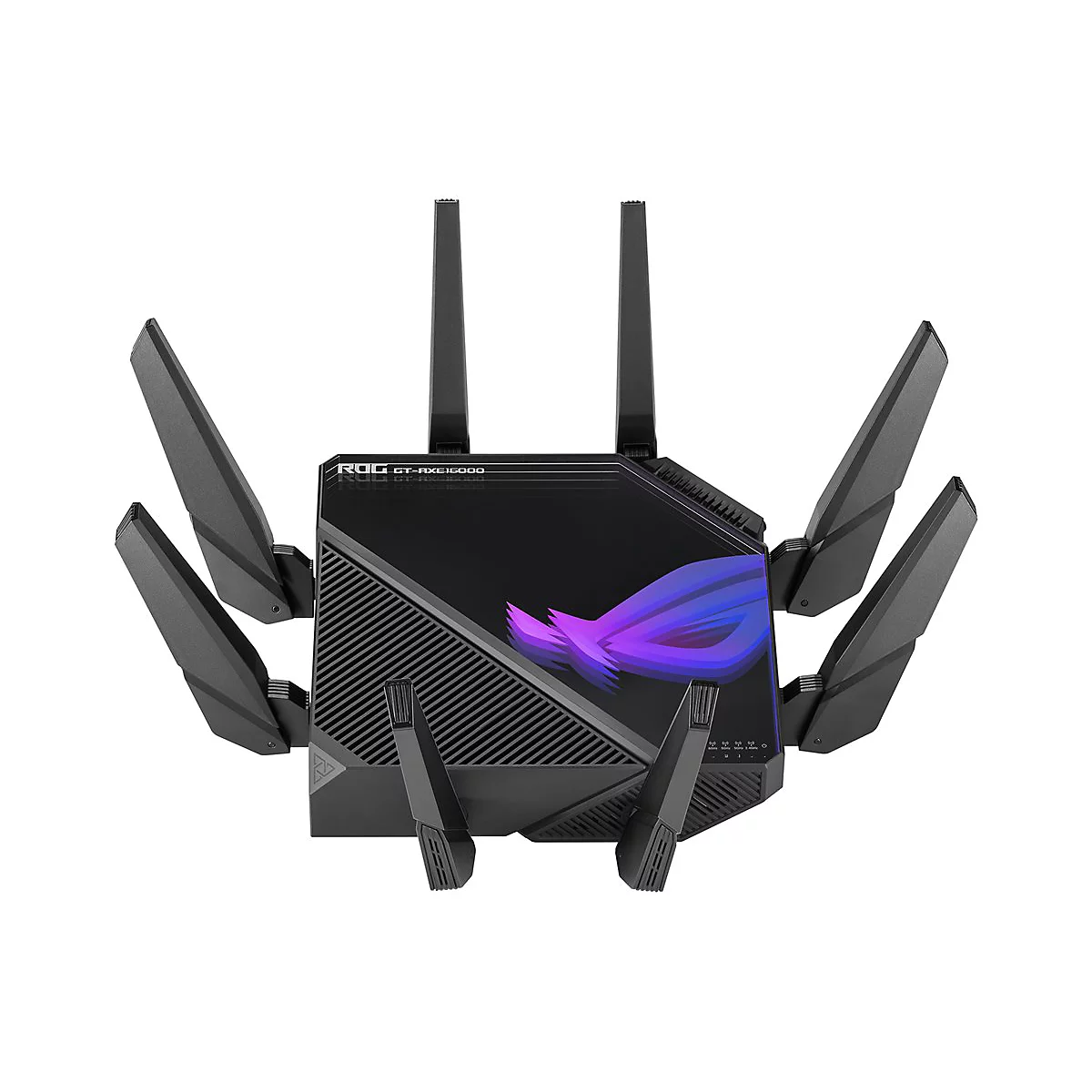 Schwarzer Router mit Antennen, ROG Logo. Auf weiÃŸem Hintergrund.